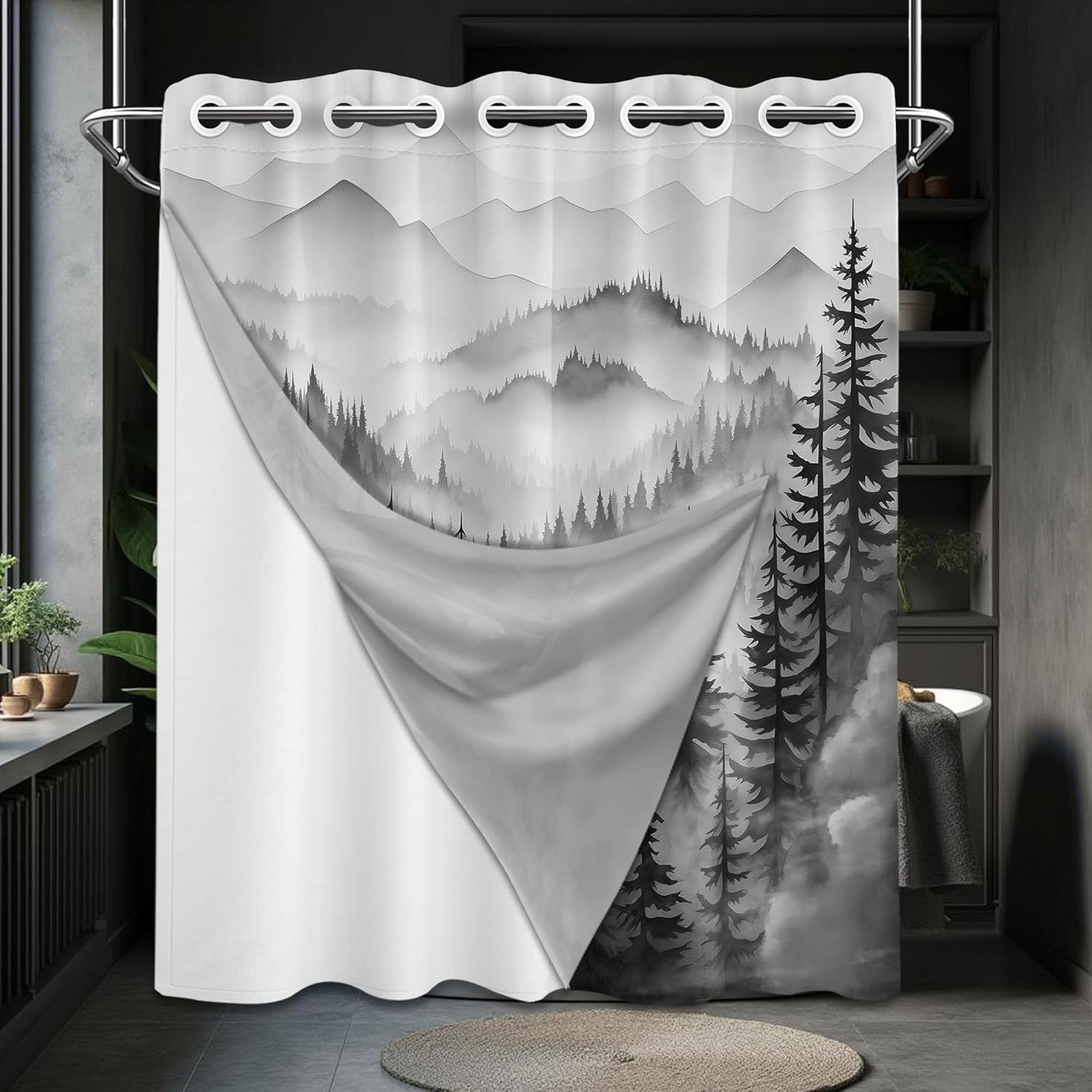 Grey Forest Hookless Shower Curtain with Snap in Liner Set, Black and White Mountain No Hook Shower Curtains for Mens Bathroom, Liner with Magnets, Waterproof Cloth Fabric, 71" W x 74" L