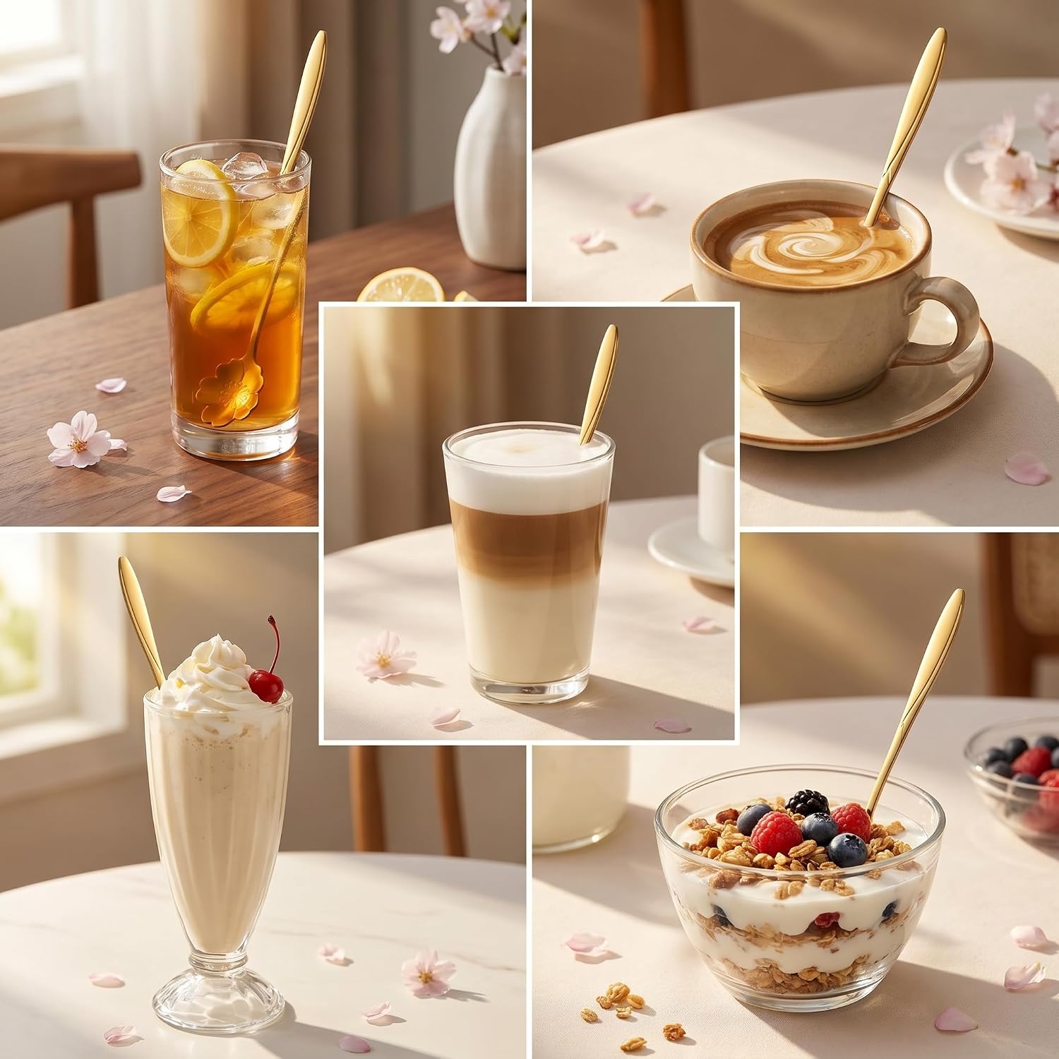 Gold Iced Tea Spoons Set of 4 | 6.97" Long Handle Cherry Blossom Spoons | Food Grade Stainless Steel | Long Handle for Tall Glasses | Floral Design | Perfect for Latte & Dessert | Dishwasher Safe