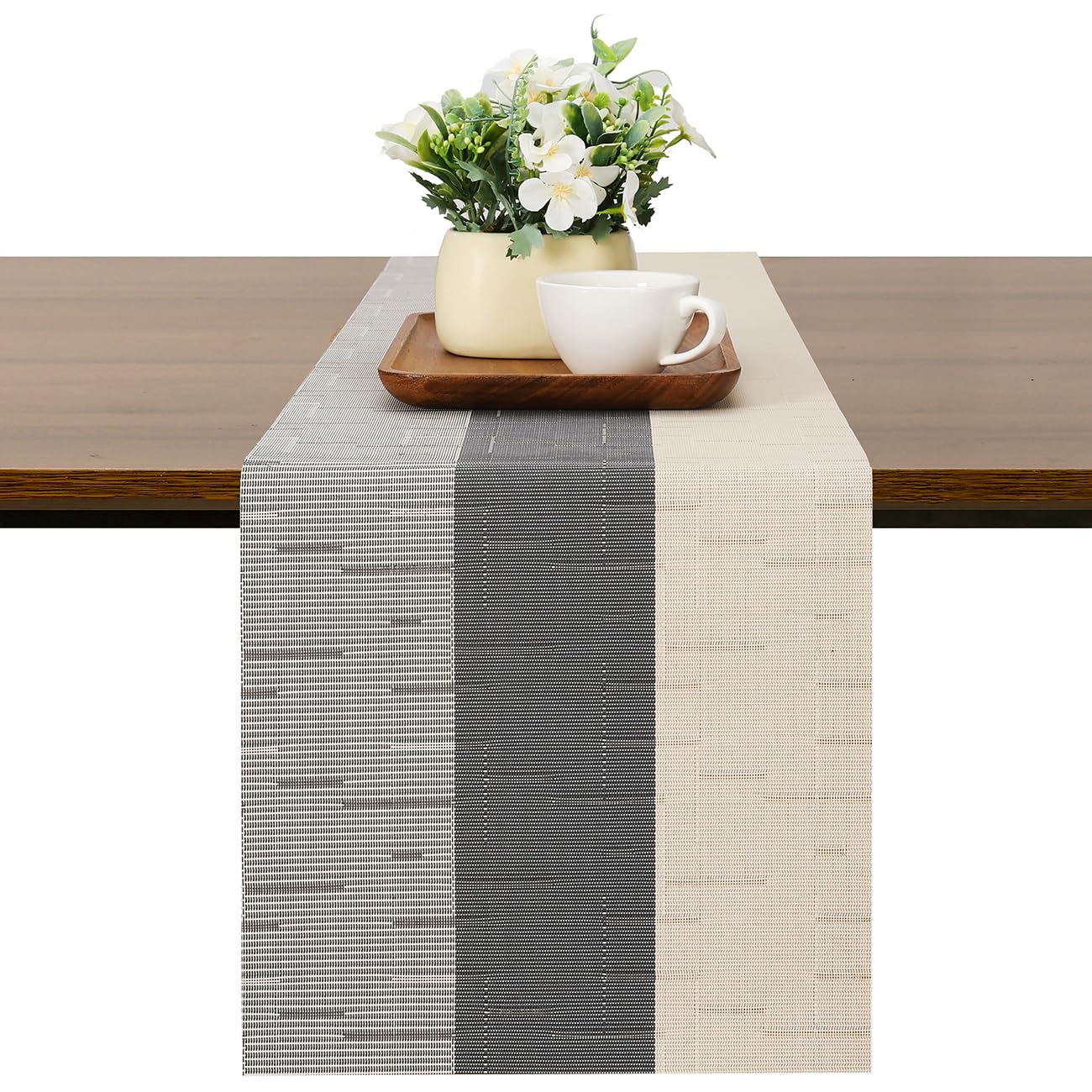Chitomars Table Runner for Dining Table, Washable Vinyl Woven Table Runners for Farmhouse Decor Indoor Outdoor Birthday Weddings Party Home Coffee Table Decorations (Beige Dark Grey, 30 x 135 cm)