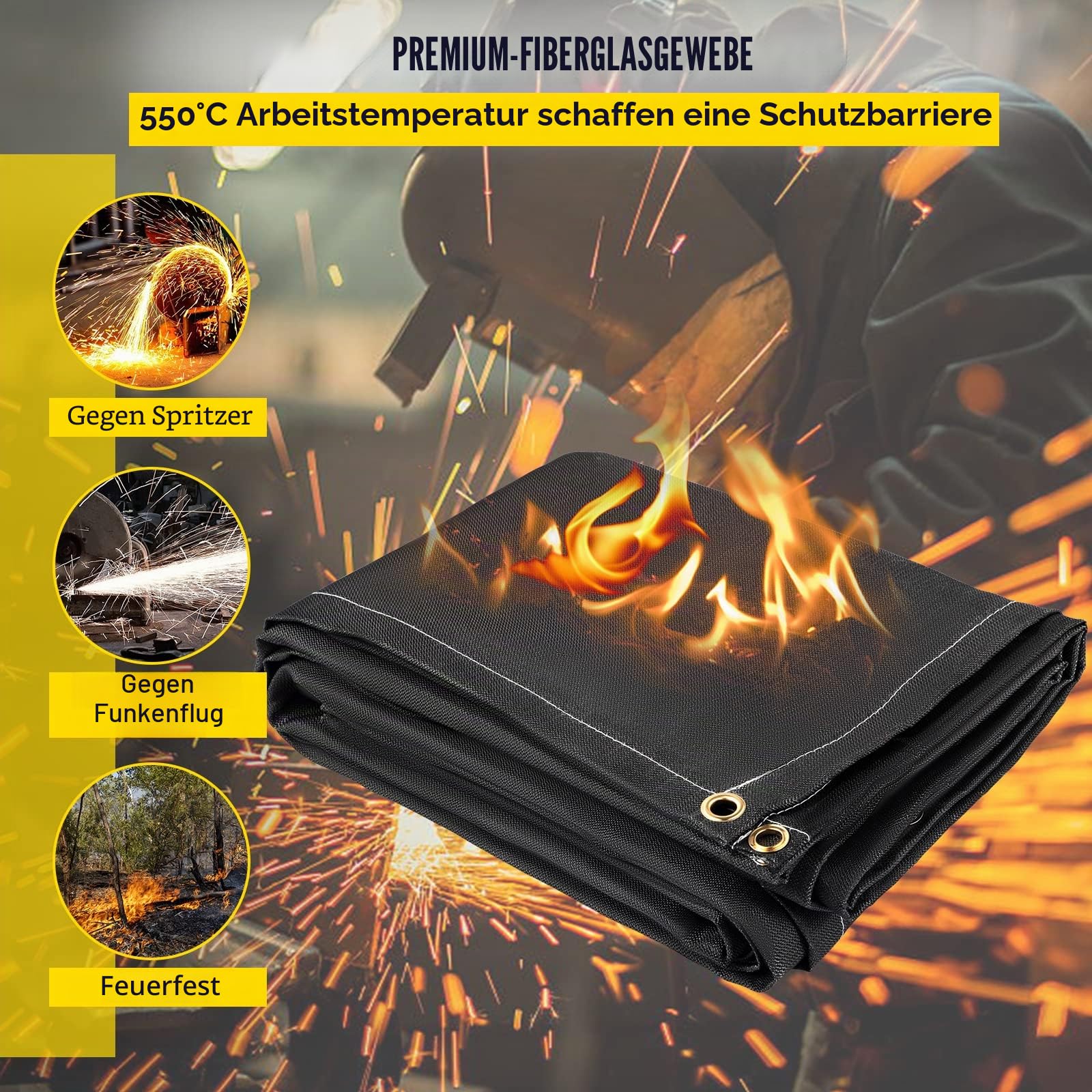 VEVOR Schweißschutzdecke, 2er-Pack Schweißdecken, 2,44 x 3,05 m Feuerlöschdecke, 1022 °F flammhemmende Decke, schwarze Feuernotfalldecken, feuerhemmende Glasfaserdecke mit 12 Messingösen