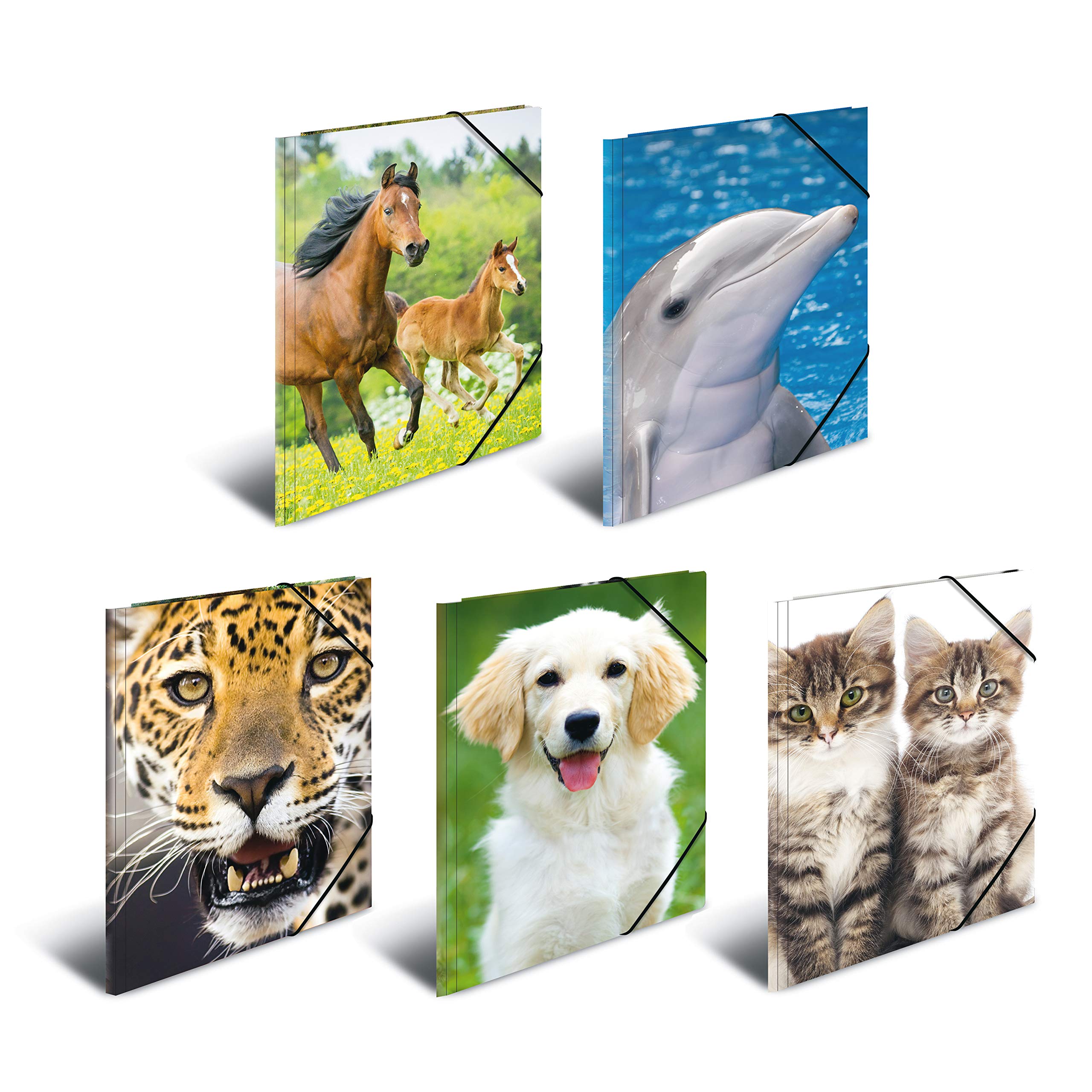HERMA Sammelmappen A3 Tiermotive Set, 10 Stück, Kinder Eckspanner-Mappen aus Kunststoff mit Tier Motiv, Gummizug, Innenklappen und Innendruck für Jungen und Mädchen