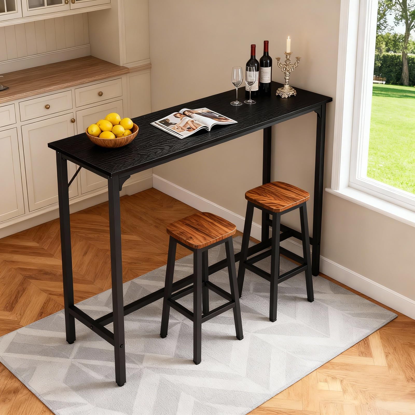 Karl home 43" Rectangular Bar Table, High Top Counter Height Table with Sturdy Metal Legs and Triangular Support, for Small Space, Dining & Kitchen, Home, Easy Assembly, Black