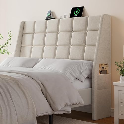 Miniatura 14 de ONBRILL Cabecero tapizado ergonómico de tamaño completo con estación de carga, cabeceros con respaldo de ala de lino con bolsillo de almacenamiento