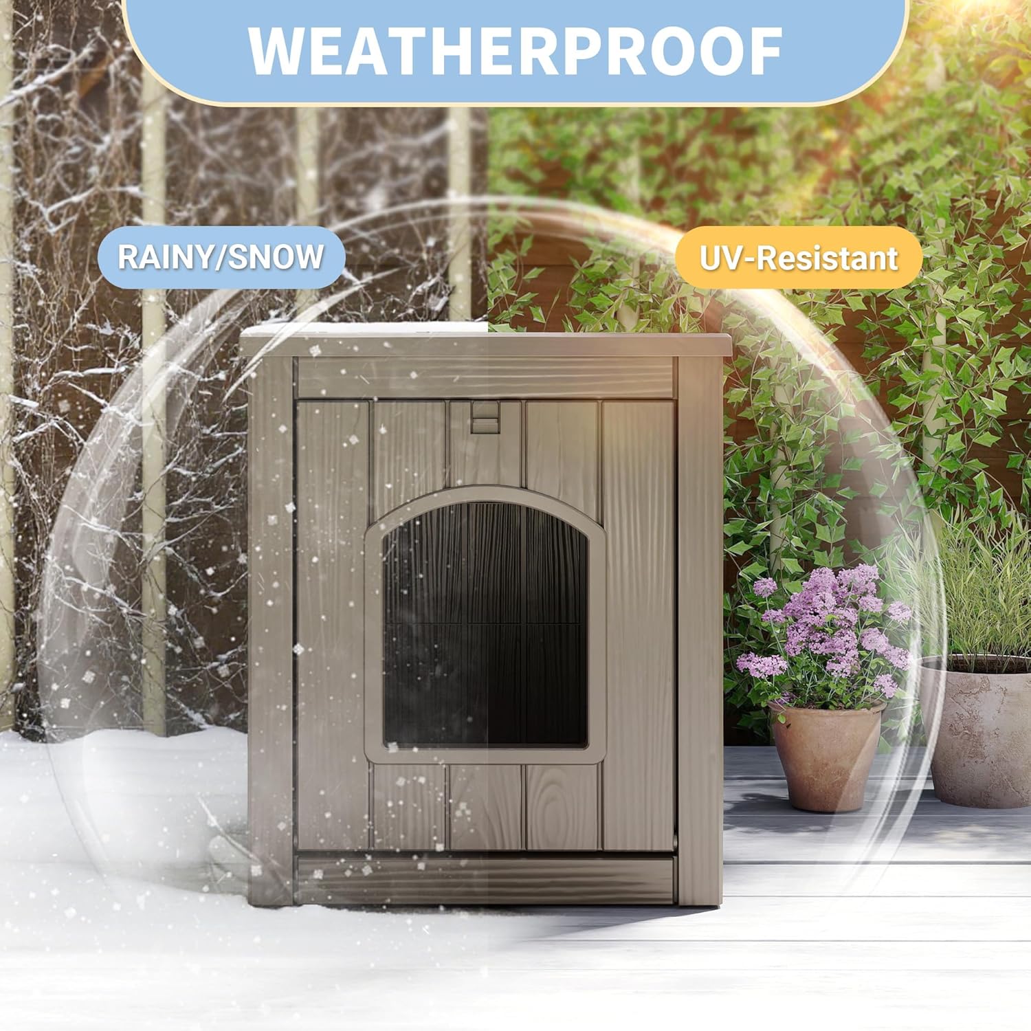 ROJIK Outdoor Indoor Dog House Waterproof, Resin Pet Shelter with Flip Lid Design and Elevated Floor, Portable Easy Assembly Shelter for Small Medium Dogs Cats Ducks(Grey)