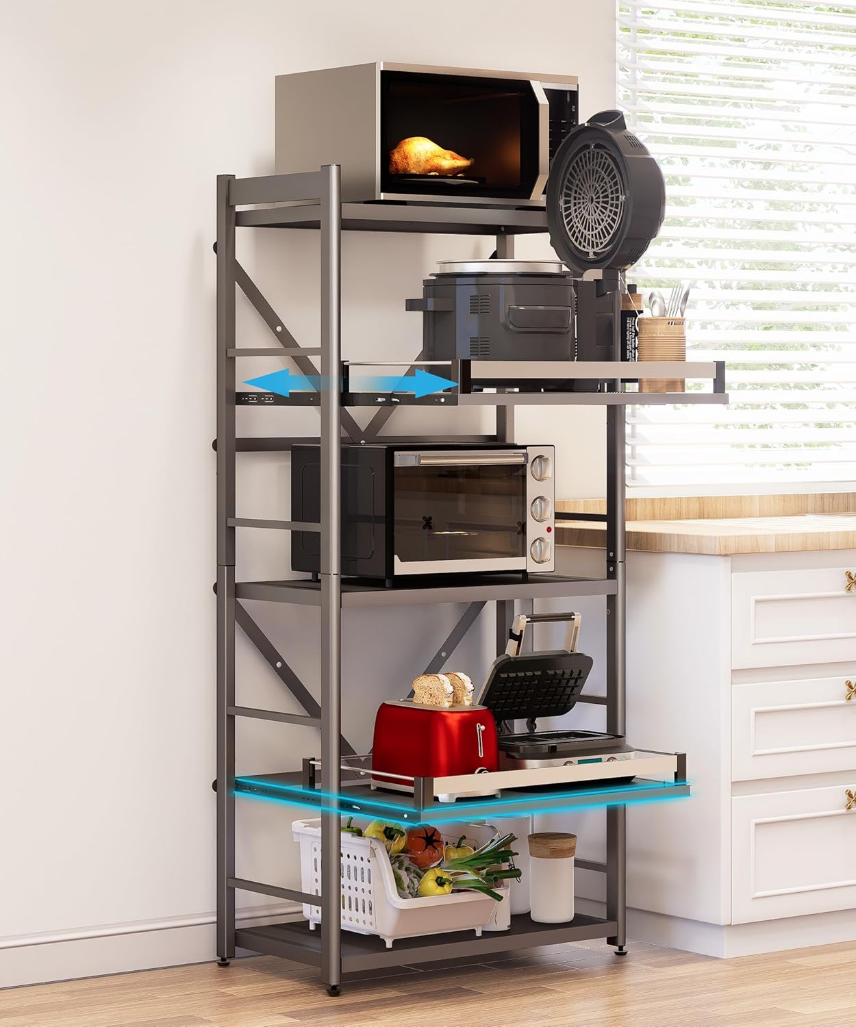 5-Tier Pull Out Kitchen Baker's Rack with Storage, Heavy Duty Metal Microwave Stand with Pull Out Shelves, Adjustable Ktichen Appliance Shelves Freestanding (23.6''W x 49.2''H) 5 Tier 2 Pull-out (23.6''W x 60''H)