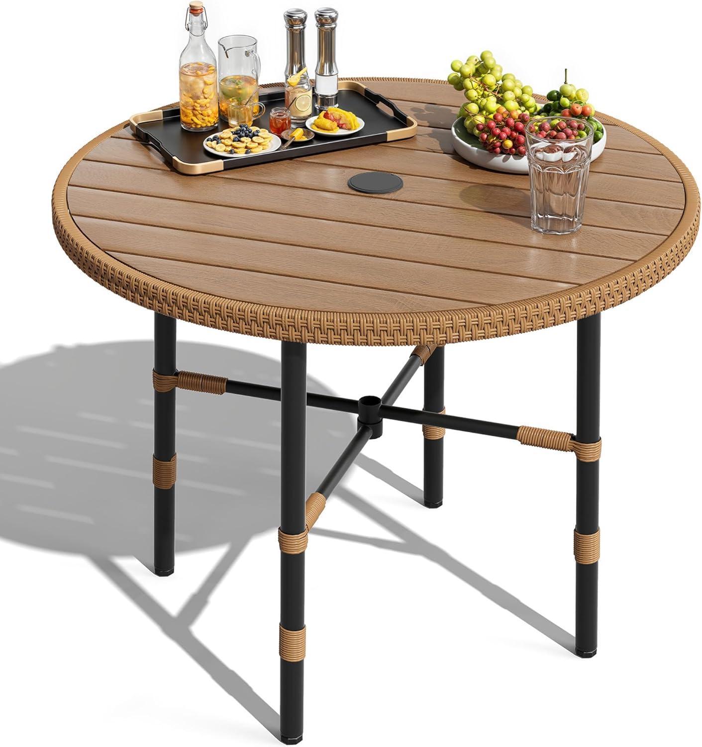 DWVO 35.4" Round Outdoor Patio Dining Table for 4 with Umbrella Hole, Adjustable Feet & All-Weather Metal Frame - Garden Bistro Table