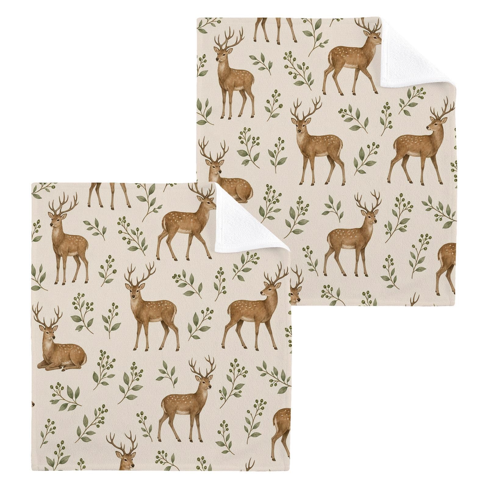 BOESI Watercolor Deer 12x12in Cotton Washcloth,Soft Absorbent Face Towel