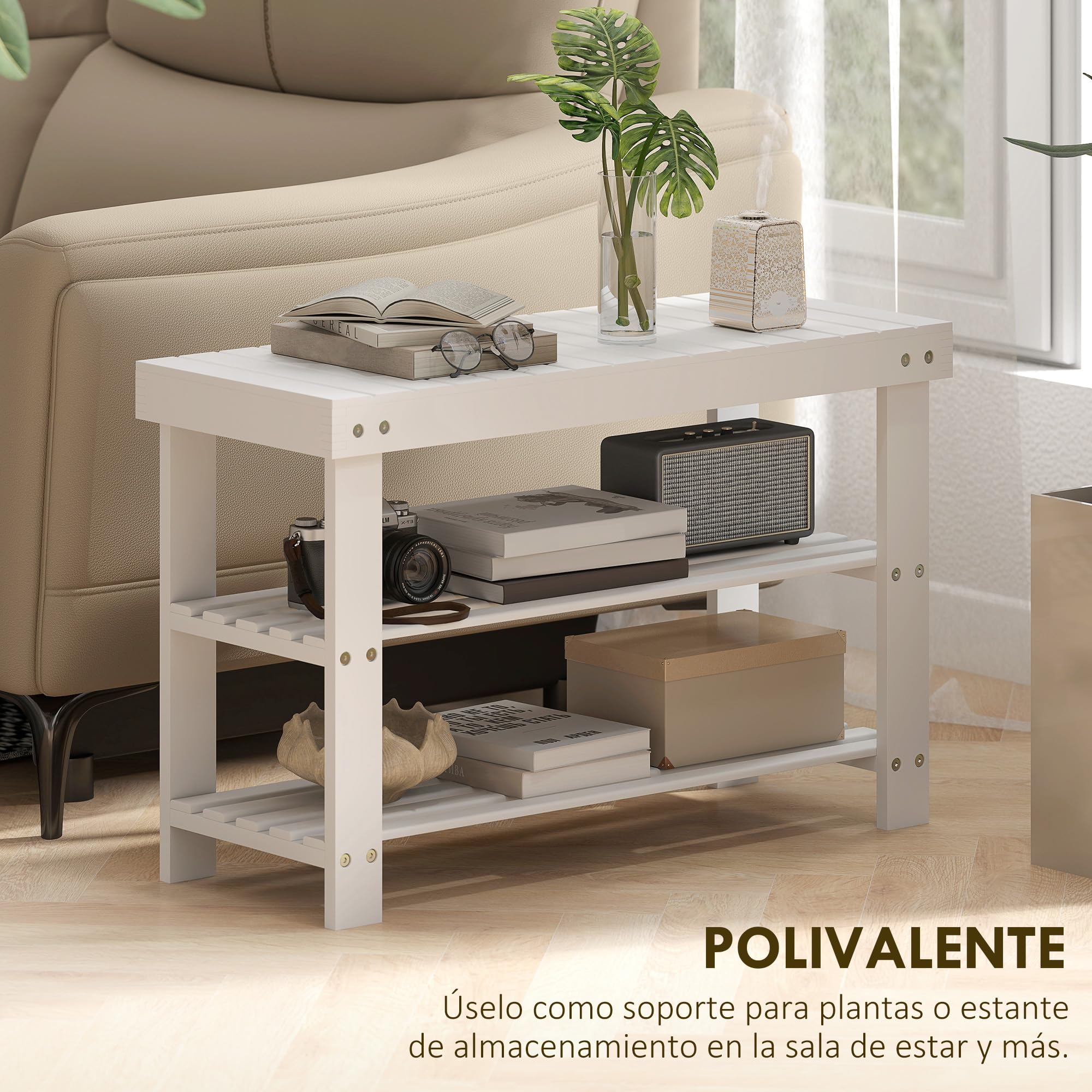 HOMCOM Banco Zapatero de Bambú Zapatero con Asiento Organizador de Zapatos de 3 Niveles para 6 Pares Zapatos para Entrada Salón Dormitorio 70x28x45 cm Blanco