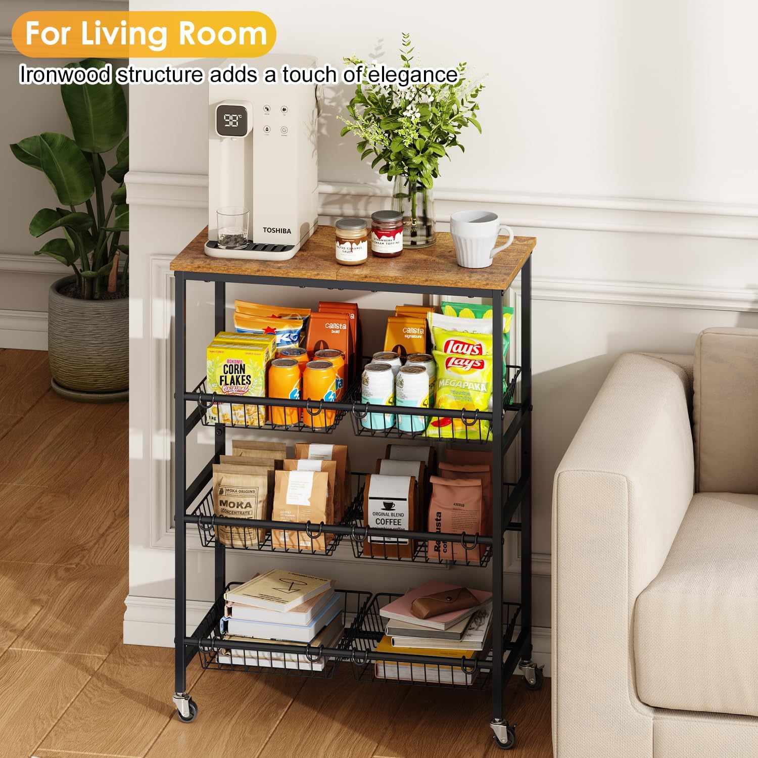 4-Tier Rolling Kitchen Storage Cart,Utility Kitchen Pantry Organizers and Storage Cart with Wheels for Snack Fruit and Vegetable,Microwave Stand with Storage Shelf,Has 6 Wire Baskets and Wood Tabletop