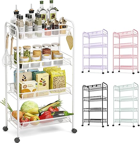 TOOLF Carrito rodante de 4 niveles, carrito de metal con 3 ganchos, carrito de almacenamiento móvil fácil de montar sobre ruedas, estanterías de