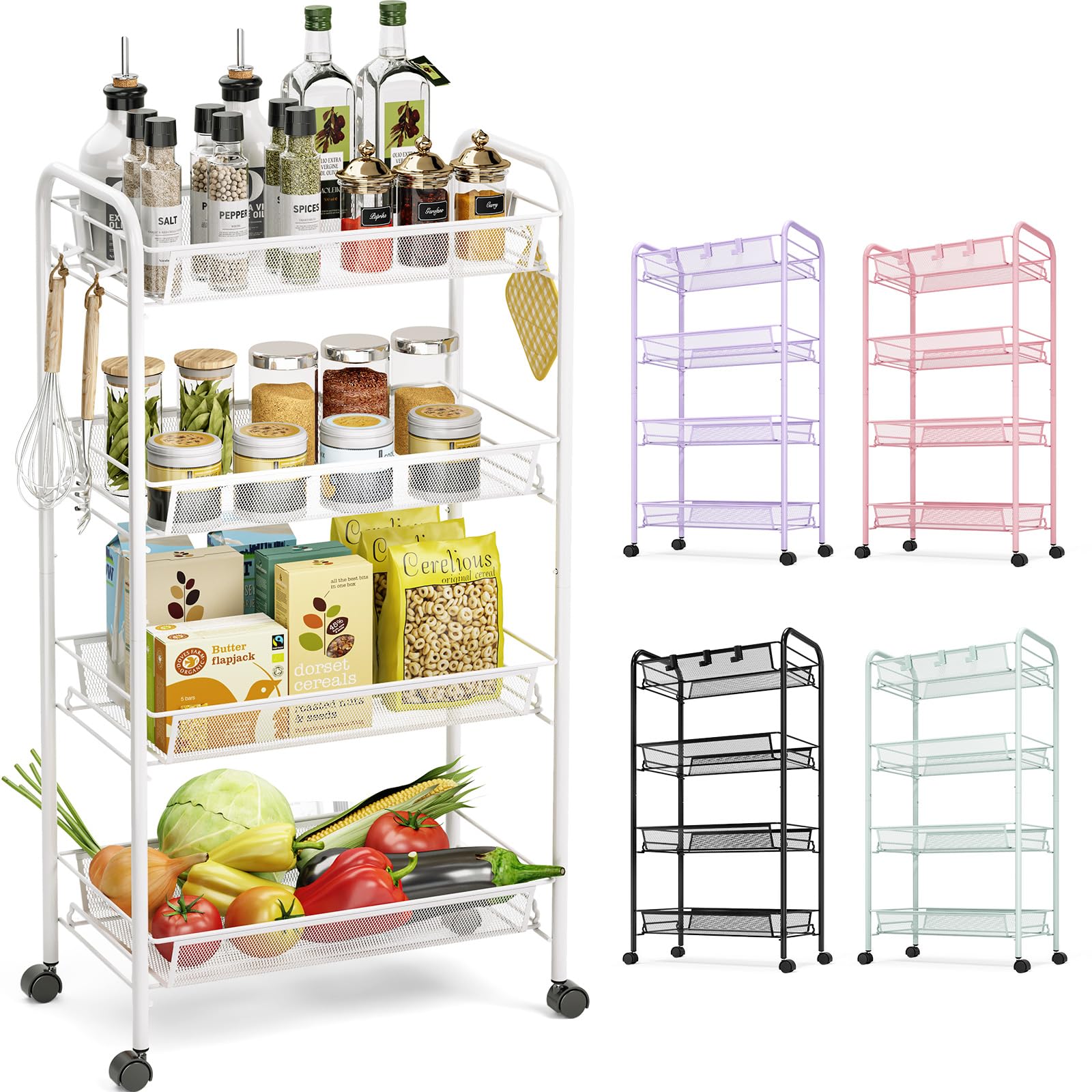 TOOLF 4-Tier Rolling Cart, Metal Utility Cart with 3 Hooks, Easy Assemble Mobile Storage Trolley On Wheels, Metal Shelving Units Kitchen Bathroom