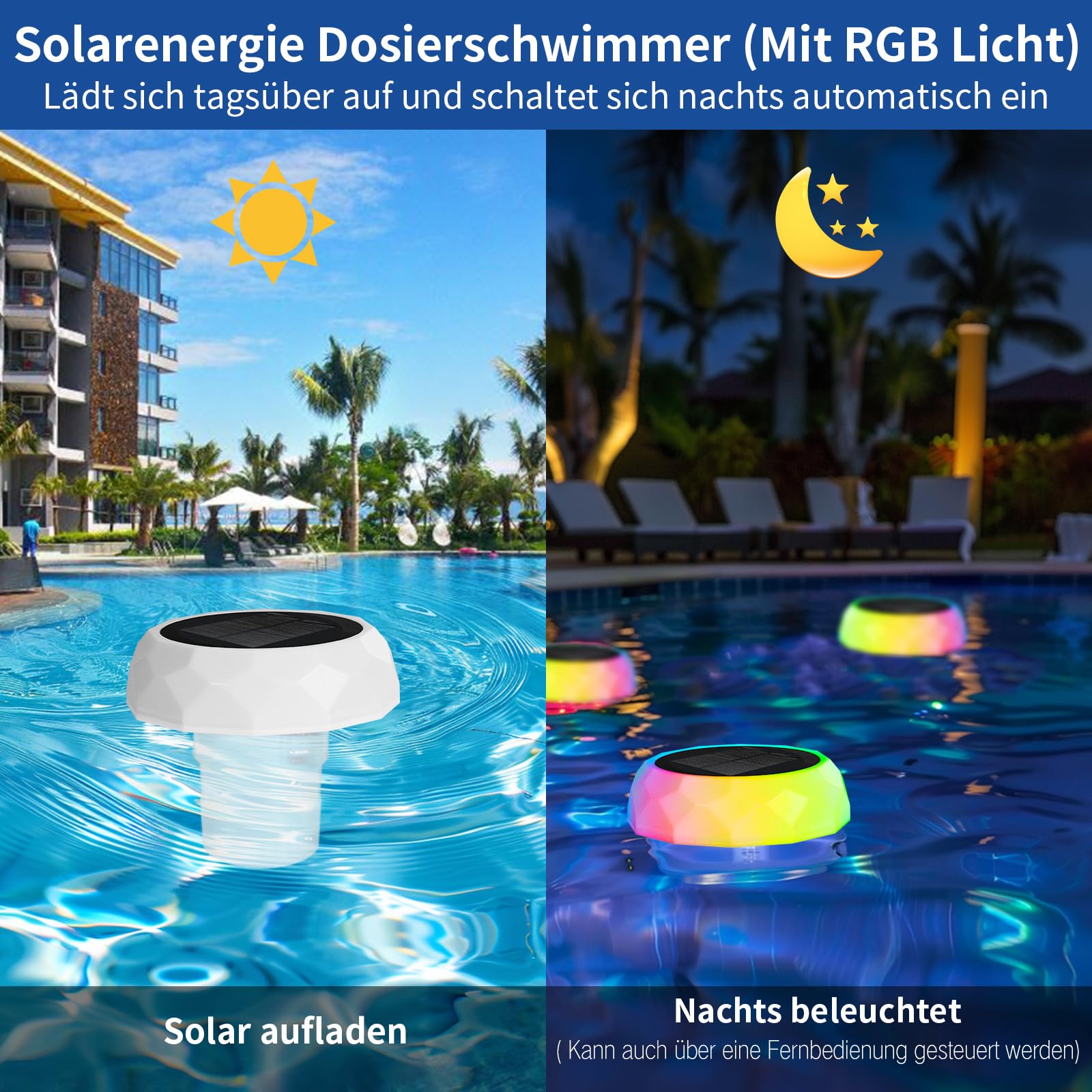 Czemo Dispensador Cloro Piscina con Luz Solar LED, Dosificador de Cloro Flotante con Termómetro Flotador de Piscina para Pastillas de Cloro con Anillo de Ajuste de Capacidad