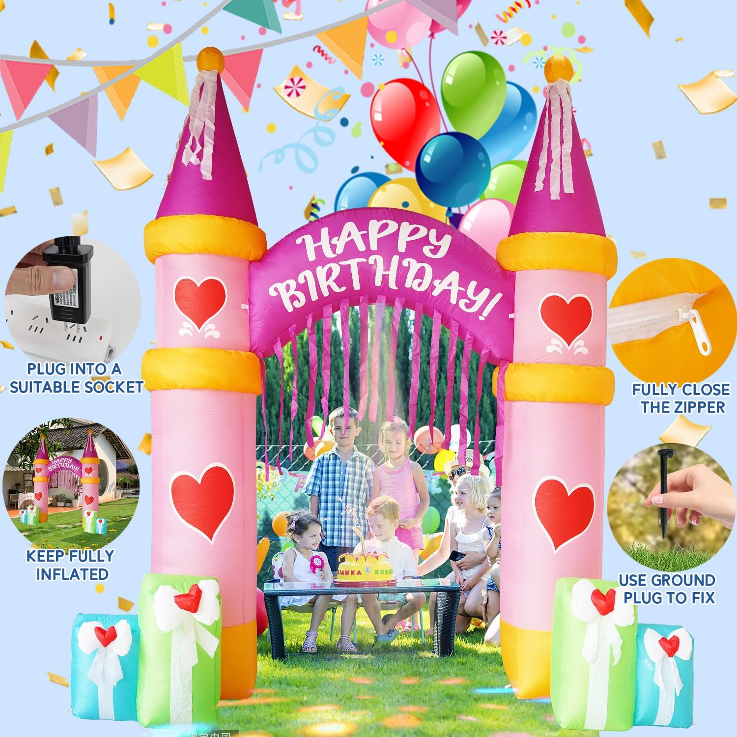 10FT Inflatable Birthday Arch Birthday Decoration with Built-in LED Lights for Indoor and Outdoor Yard Lawn Decoration