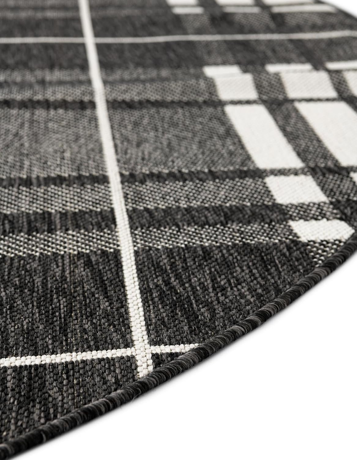 Rugs.com Outdoor Checkered Collection Rug – 3 Ft Round Black and White Flatweave-Pile Rug Perfect for Kitchens, Dining Rooms
