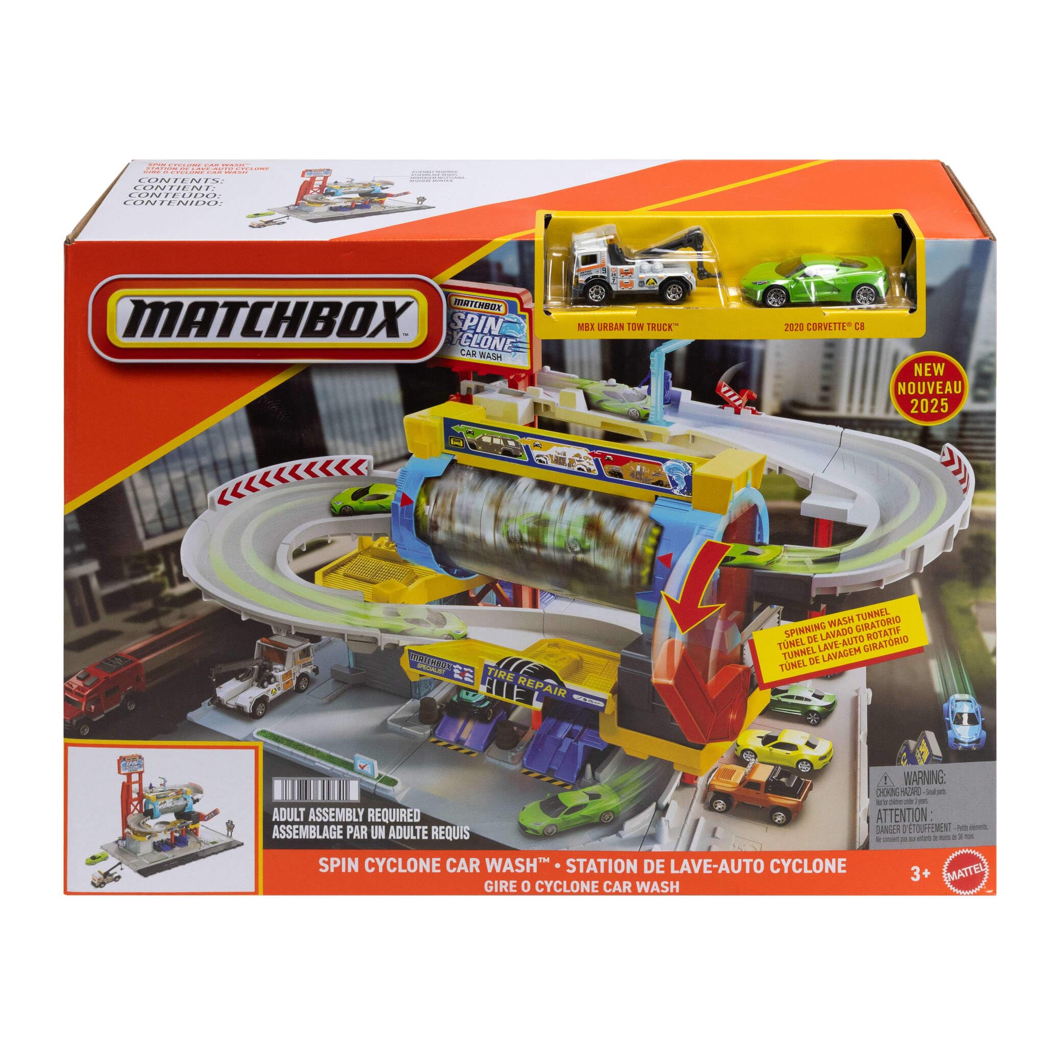 Matchbox Spin Cyclone Car Wash Conjunto de pistas, conjunto de juego con Corvette y grúa a escala 1:64 y túnel de lavado giratorio, taller y aparcamiento, JGB68