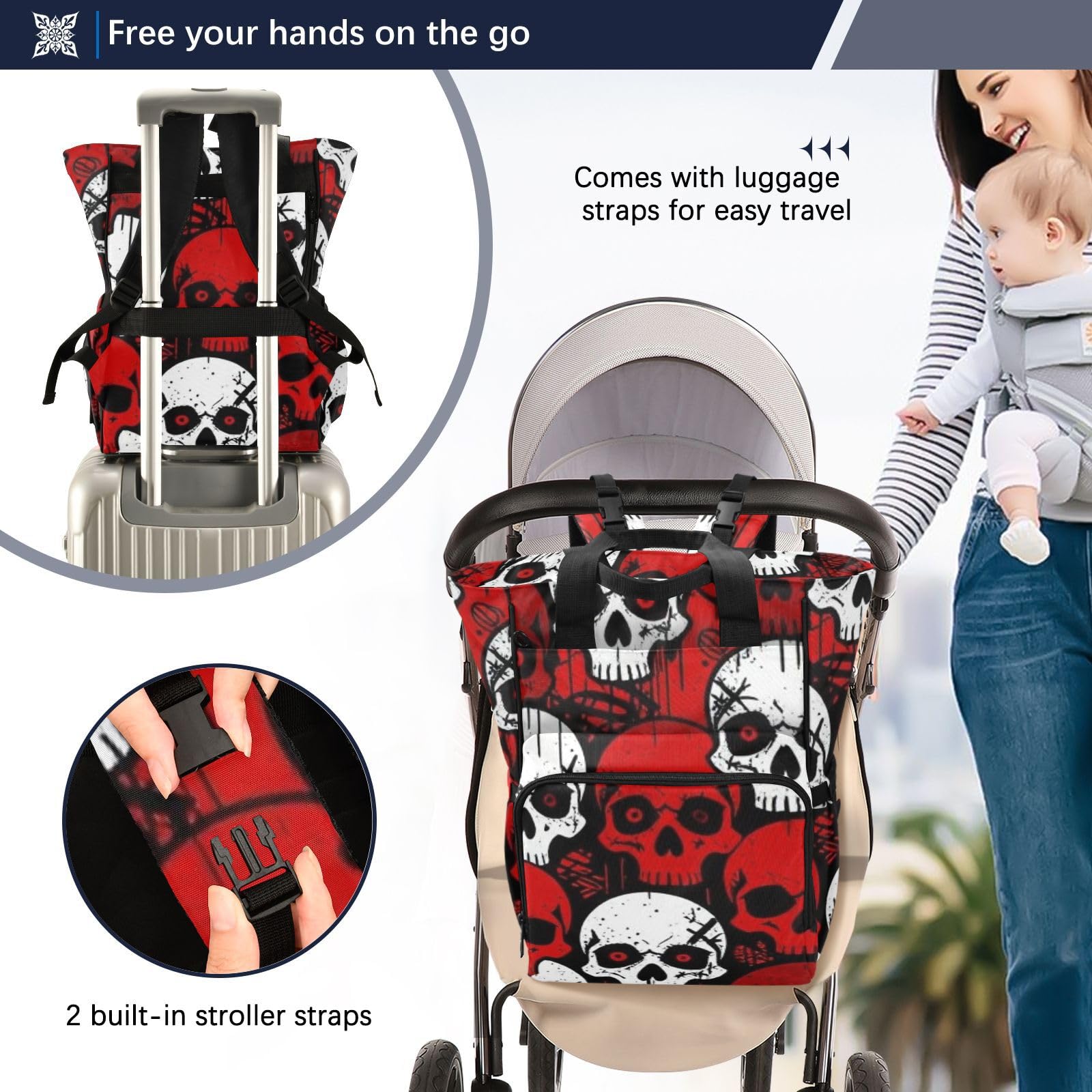 Borsa per pannolini zaino per mamme papà gotico rosso bianco teschio