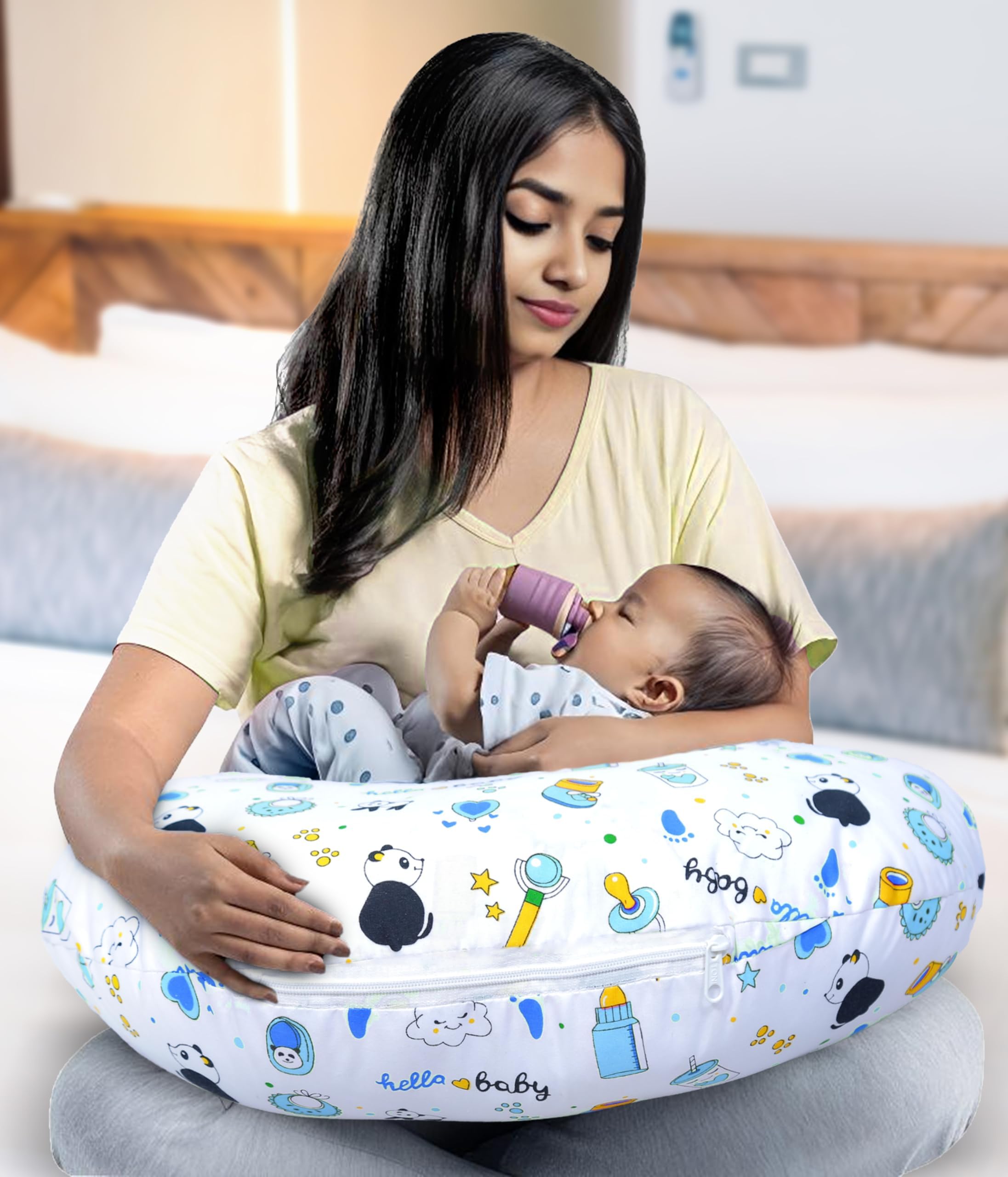 Baby Feeding Pillow Cotton|Maternity Feeding Pillow Portable & Adjustable|Nursing Pillow for Mother and New Born Baby (Panda Blue)
