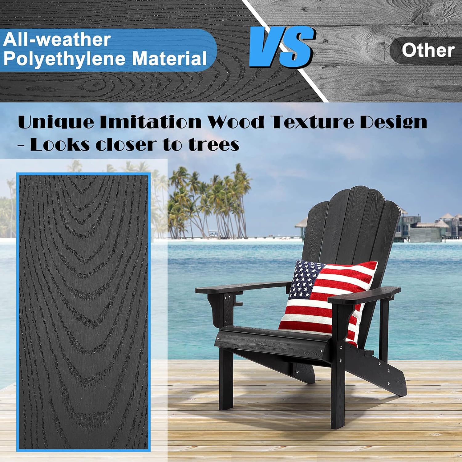 hOmeHua Hard Plastic Adirondack Chair Weather Resistant with Cup Holder, Imitation Wood Stripes, Easy to Assemble & Maintain, Outdoor Chair for Patio, Backyard Deck, Fire Pit & Lawn Porch - Black : Patio, Lawn & Garden