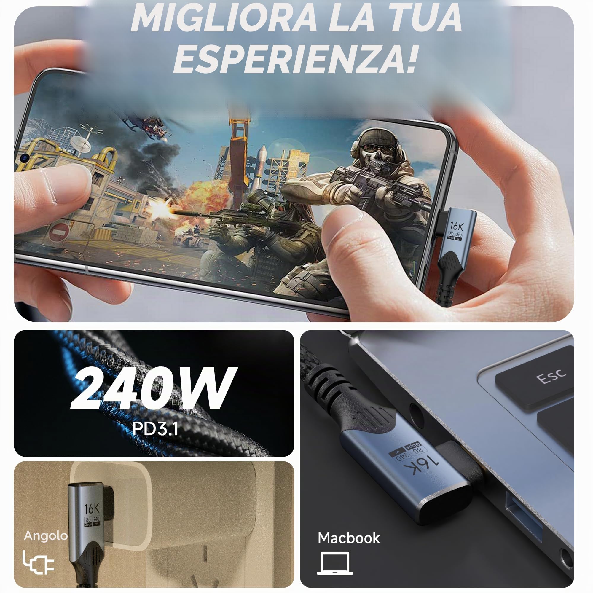 cavo usb 5 type-c 80 gbps Compatibile con Thunderbolt 5 angolo retto lungo 3 M,Supporta 240W,Video 16K@60Hz 8K@120Hz,cavo usb c dati alta velocità per Thunderbolt 4,USB 4,eGPU,Laptop