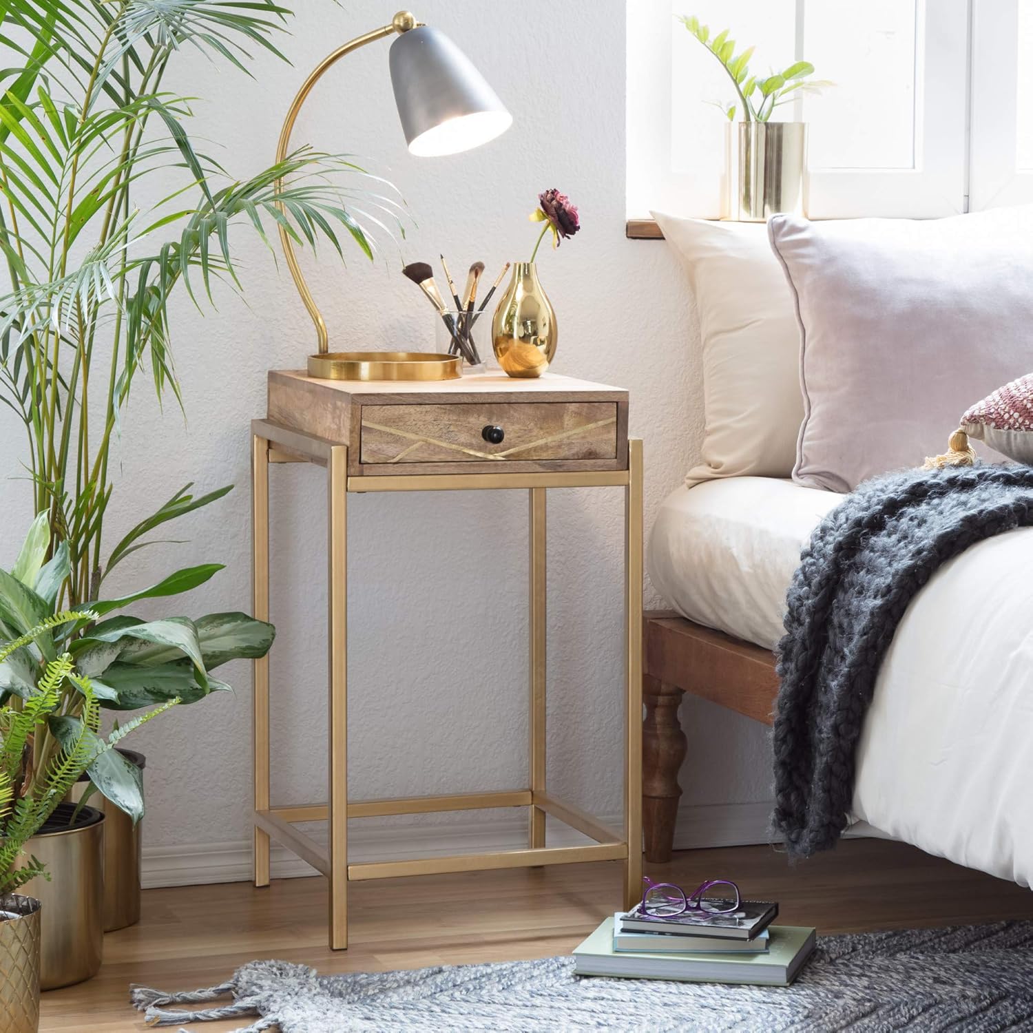 Sidney Beige Mango Wood and Gold Metal Storage Side Table