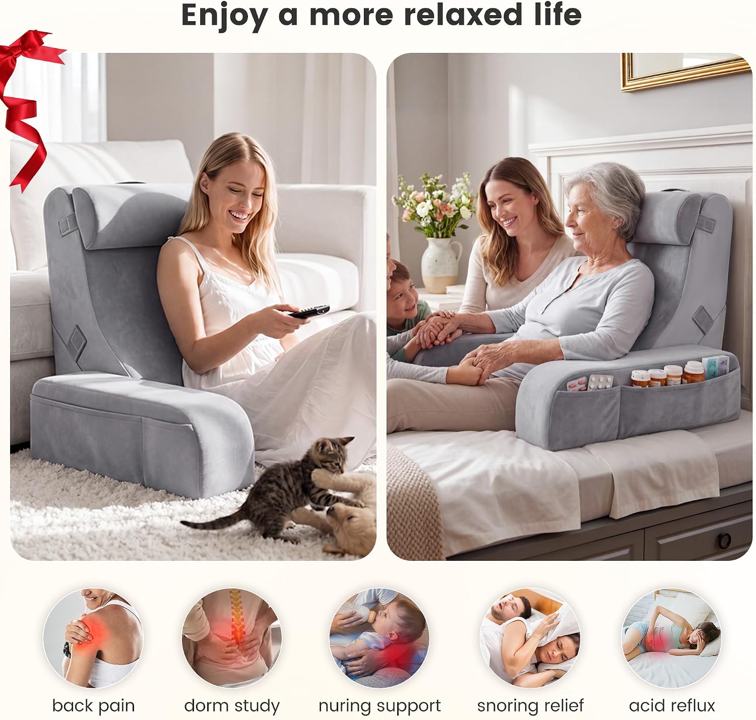 Homkdom 22" Reading Pillow for Bed with Armrest, Storage Pocket, Light Grey