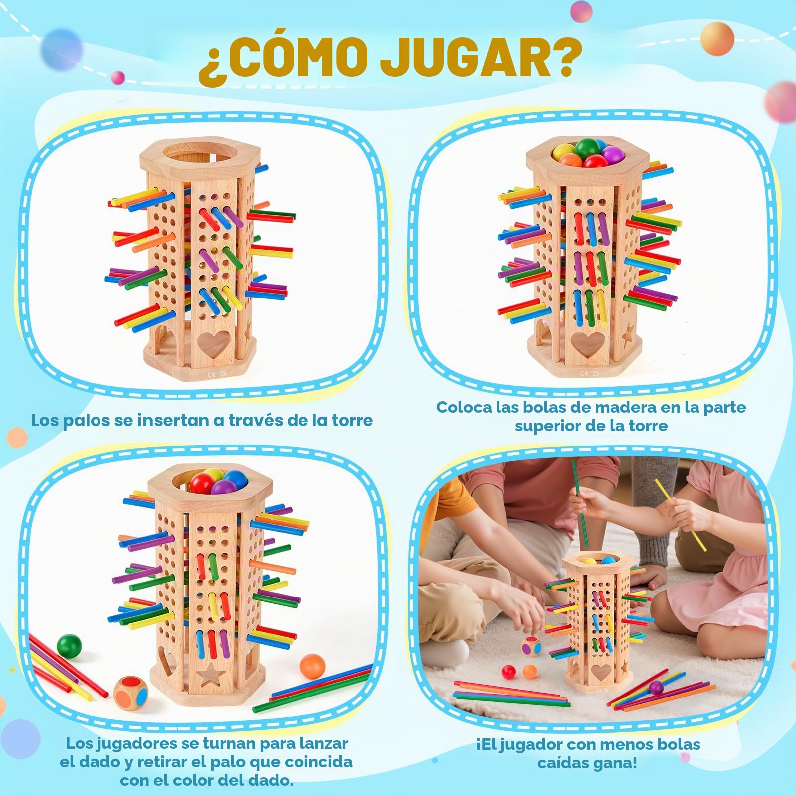 Juego Montessori, Juegos de Mesa 3, 4, 5, 6 años, Juegos Educativos Matematicas con 42 Palitos de Colores y un Dado, Juguete Familiar para Viajar al Aire Libre con Niños