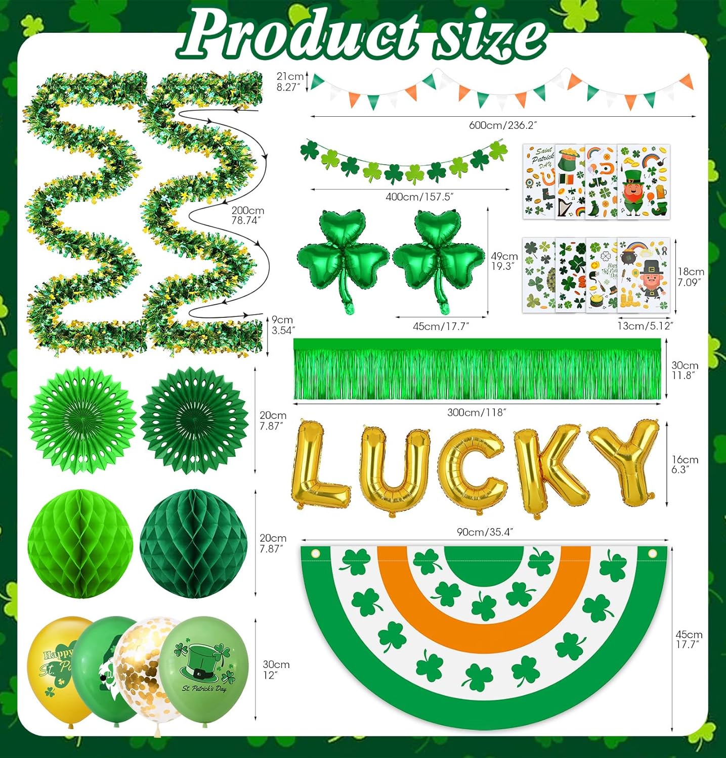 56pcs St. Patrick's Day Golf Cart Parade Decorations Kit, Saint Patrick's Car Decor Set-Irish Flag Tinsel Garlands Shamrock Balloons&Banners Crepe Paper Fans Stickers for Irish Festival Decor Supplies