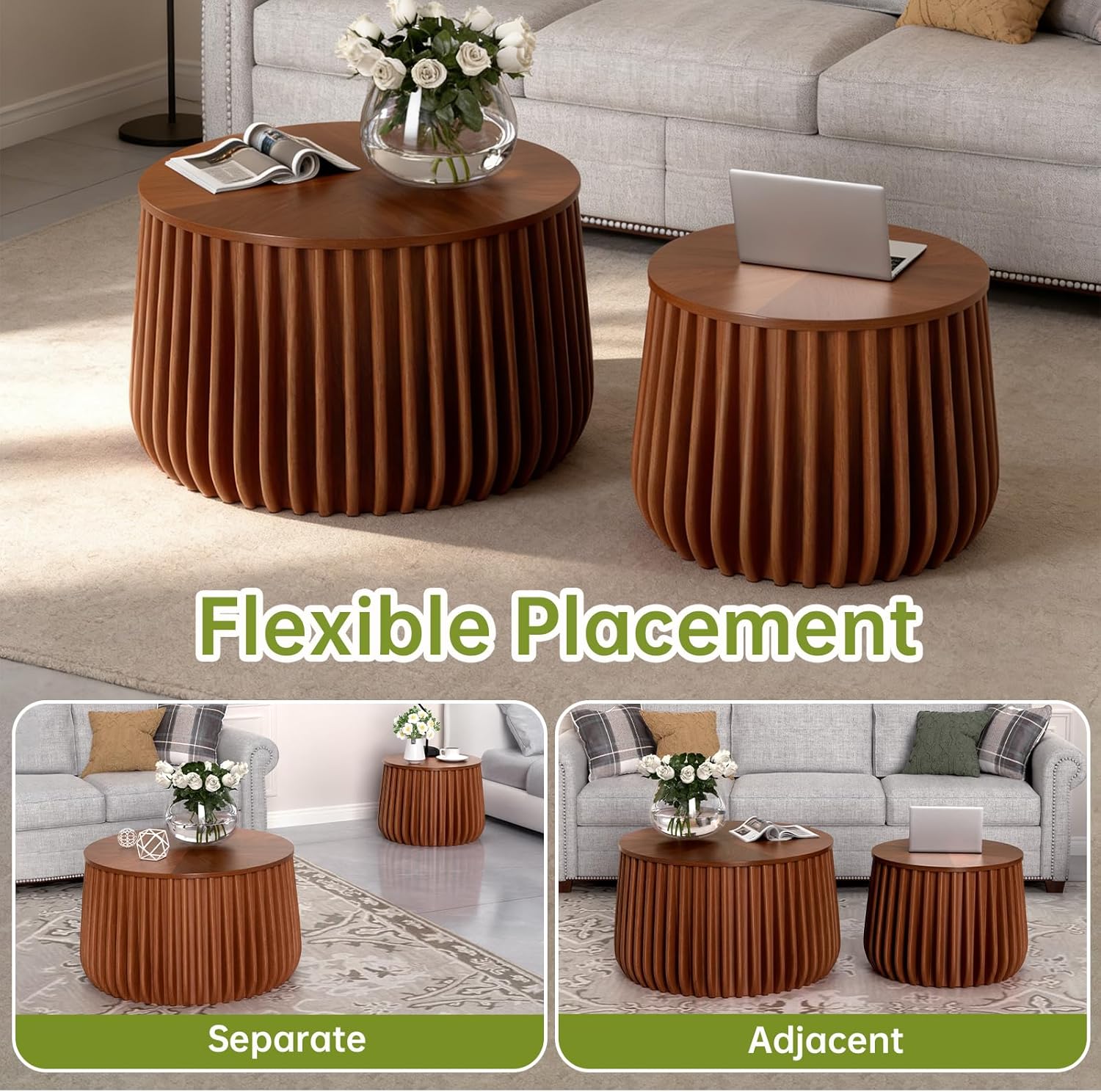 Round Nesting Coffee Table with Storage, 26" Round Wood Fluted Coffee Tables Set of 2 with Storage for Living Room Mid-Century Modern Circle Nesting End Side Table (A)