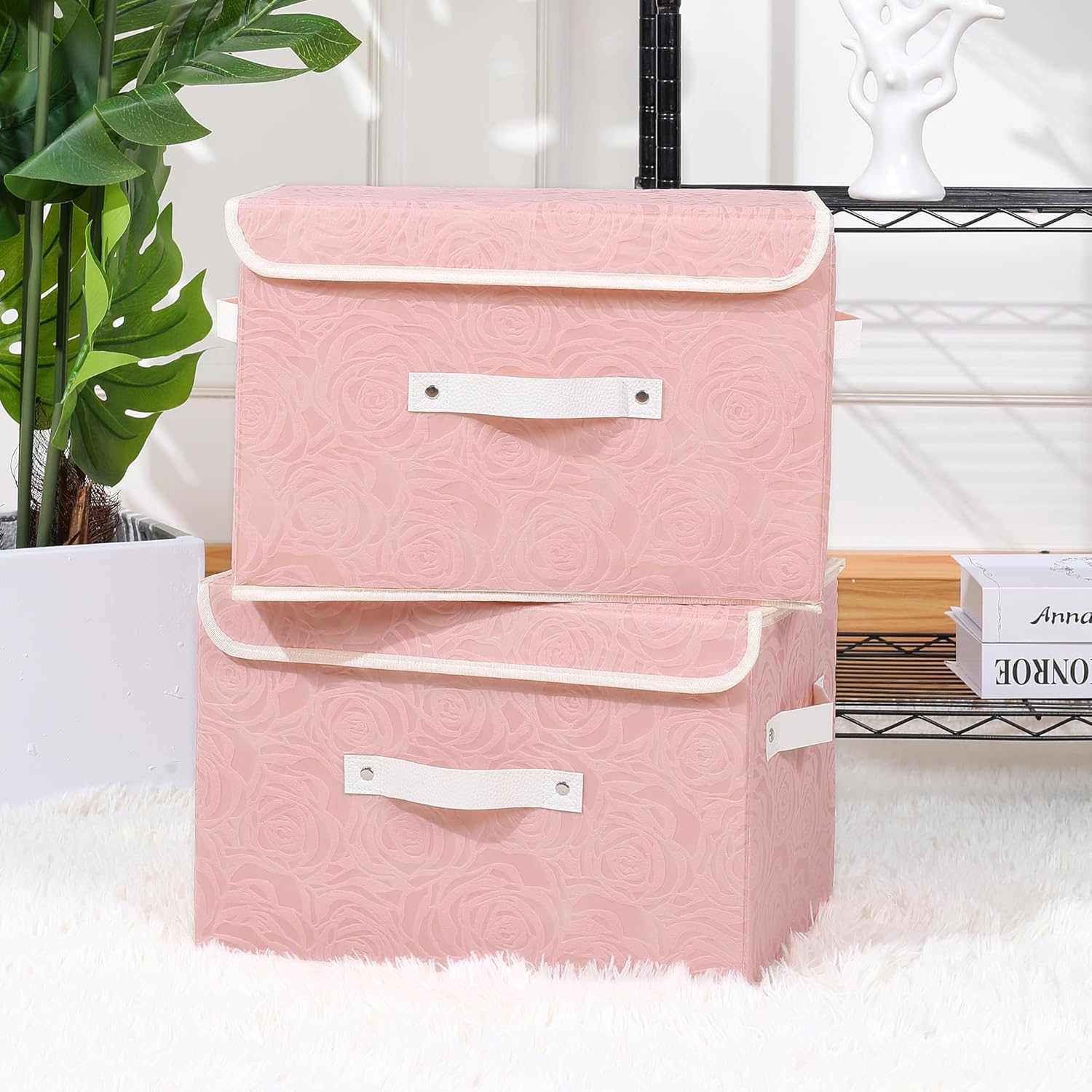 ANMINY 4PCS Fabric Storage Bin with Lid Rose Print Storage Box Basket with PU Leather Handles Washable PP Plastic Board Decorative Foldable Lidded Shelf Cubes Closet Organizer - Pink, Large Size