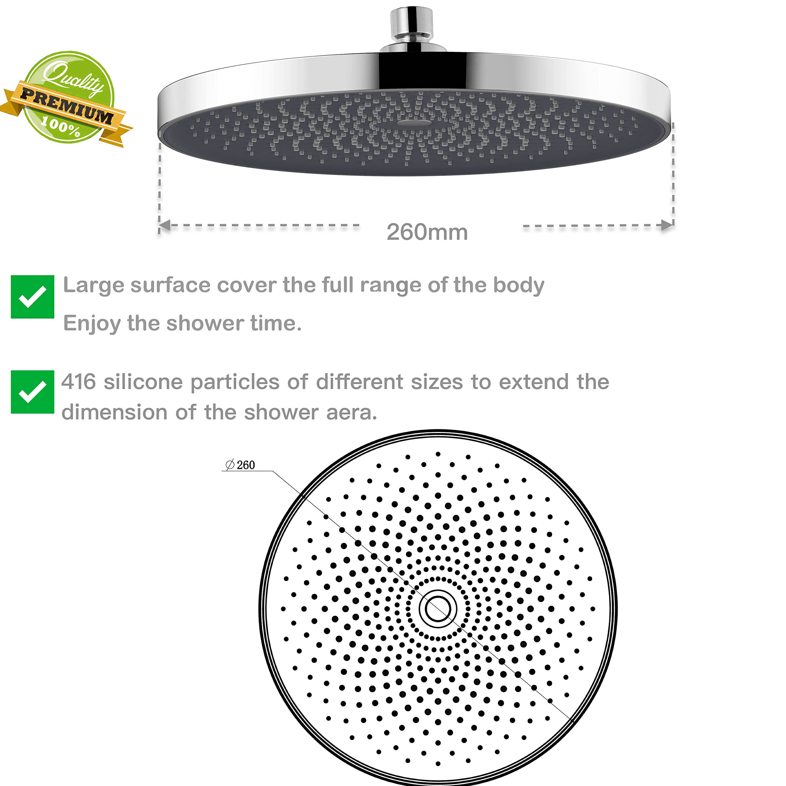 Alcachofa de ducha, rociador ducha 260 mm, juego de ducha premium. Ducha de Masaje Rociador para Spa (Cromo)