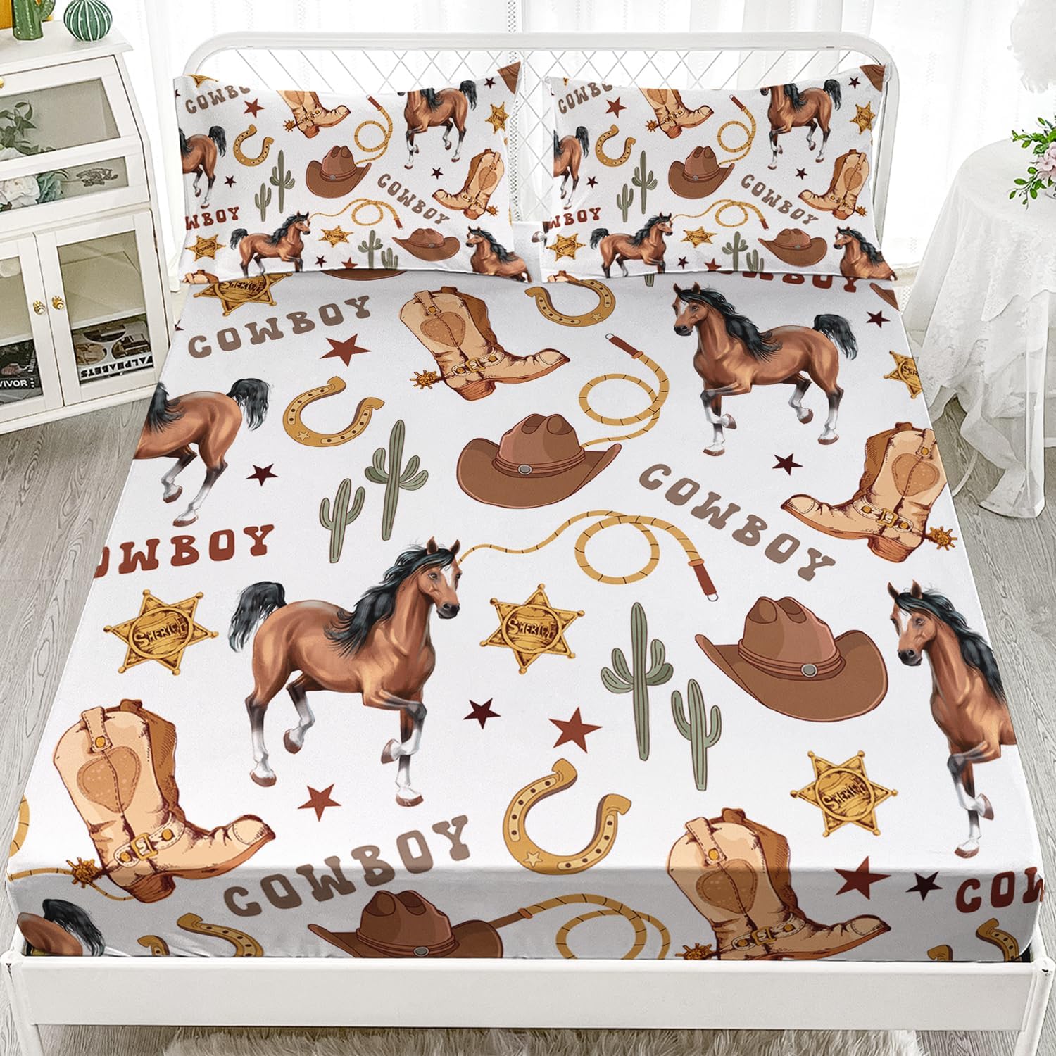 Western Horse Fitted Sheet 3Pcs Full Wild Brown Horse Cowboy Boot Cactus Bedding Set for Kid Teen Girl Boy Adult Horsewhip Badge Sheet Bed Decor with 1 Fitted Sheet+2 Pillowcases No Flat Sheet