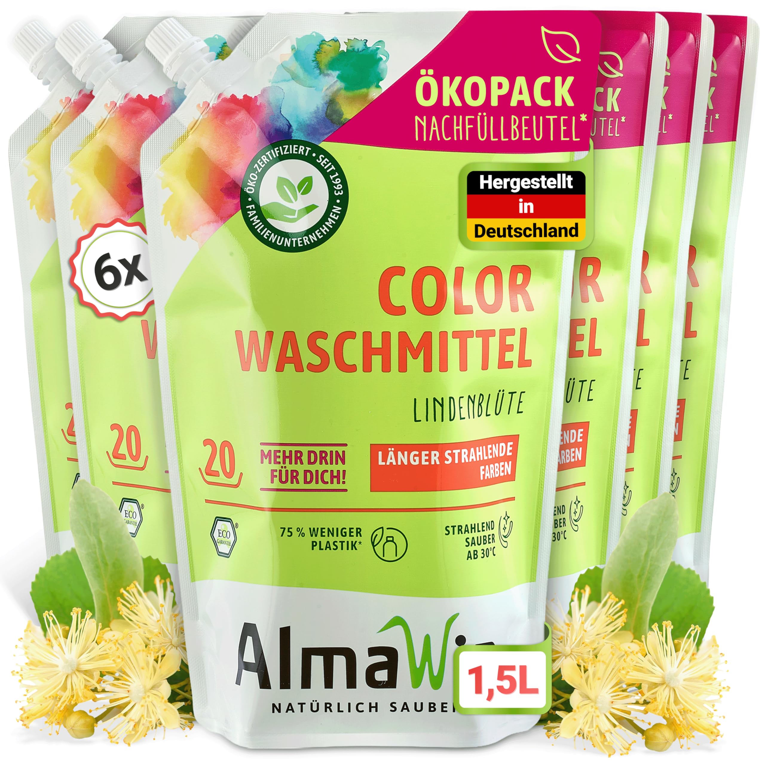 AlmaWin® Color Waschmittel flüssig [6x1,5L - 120 Ladungen] mit Lindenblüten-Duft für strahlende Reinheit - Öko Waschmittel Color 30-60°C - Flüssigwaschmittel Vegan im Öko-Pack Nachfüllbeutel