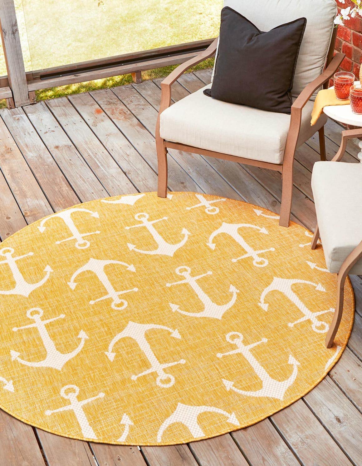 Unique Loom Outdoor Coastal Collection Area Rug - Ahoy (3' 3" Round, Yellow)