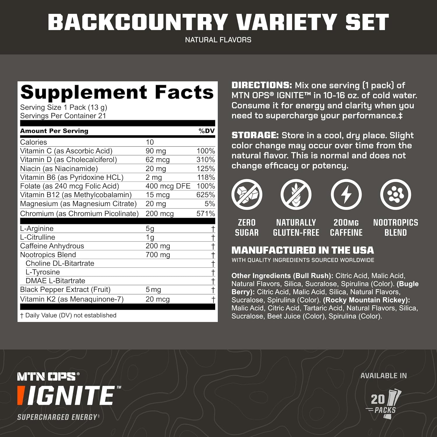 MTN OPS Ignite Variety Pack Energy Drink Powder with 200mg Caffeine, Travel Pre Workout Packets for Energy & Focus, Nootropic Blend, L Arginine & Citrulline, 21 Servings, Backcountry Flavors