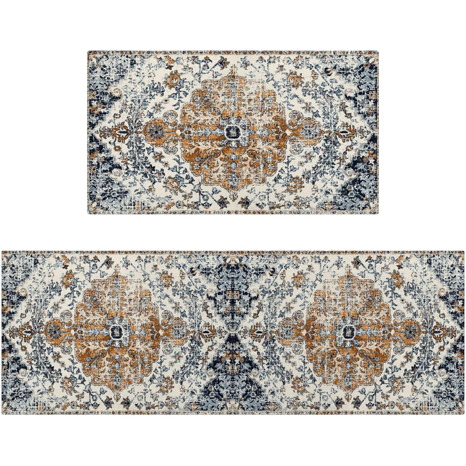 pahhjsa Boho Kitchen Rug Sets of 2 Non Slip Washable Farmhouse Kitchen Mats for Floor 2 Piece Country Rustic Farmhouse Kitchen Rugs Home Decor, Blue