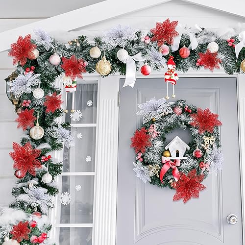 Vista 103 de 24 piezas de adorno de árbol de Navidad de Nochebuena con brillantina. Adorno de decoración de flores de Navidad. 3, 4 y 6 pulgadas / 7.62, 10.16