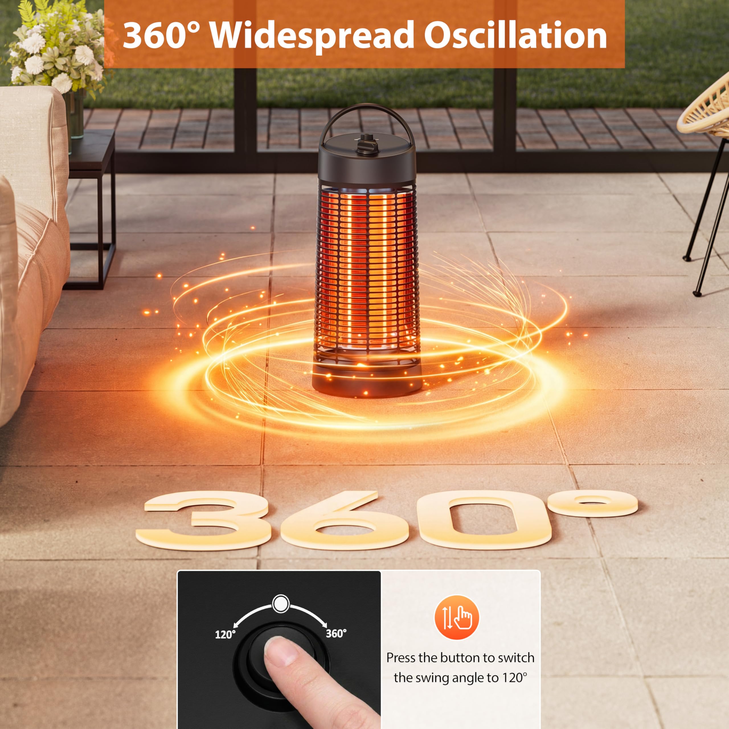 Zewnętrzny elektryczny podgrzewacz do patio, przenośny promiennik podczerwieni z regulacją 600 W/1200 W, ochrona Tip-Over Protection, 1s ogrzewanie z włókna węglowego do podwórka, garażu, czarny