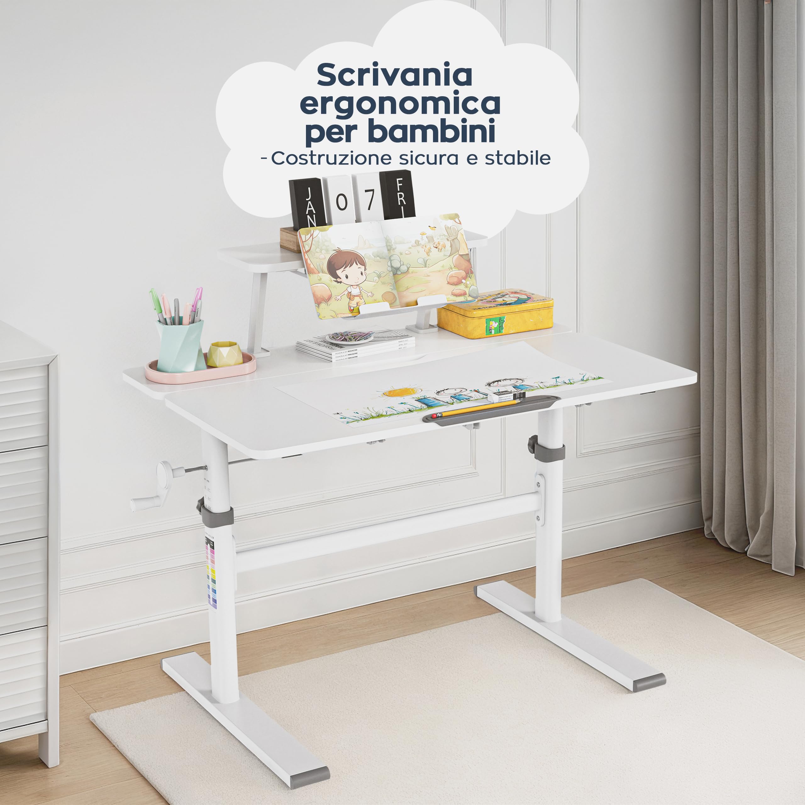 MARK ADLER Study 3.7 Scrivania Ergonomica per Bambini Regolabile in Altezza 55-75 cm - Piano Inclinabile Fino a 40° - Con Supporto per Libri e Vano Portaoggetti - Per Bambini da 90 a 160 cm - Grigio