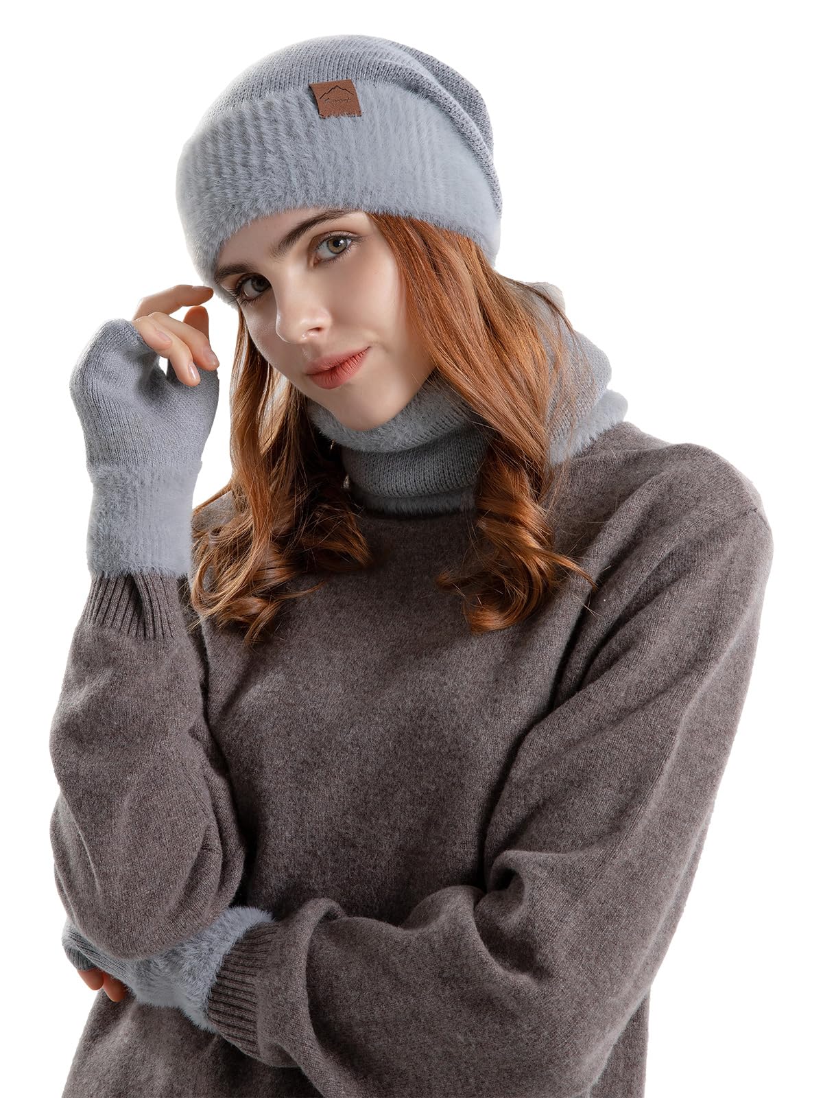 Zestaw czapek i szalików dla kobiet z podszewką polarową, czapka, szalik i rękawiczki, zestaw damski, 3 w 1, termiczna dzianinowa czapka beanie, ocieplacz na szyję, rękawiczki bez palców, dla