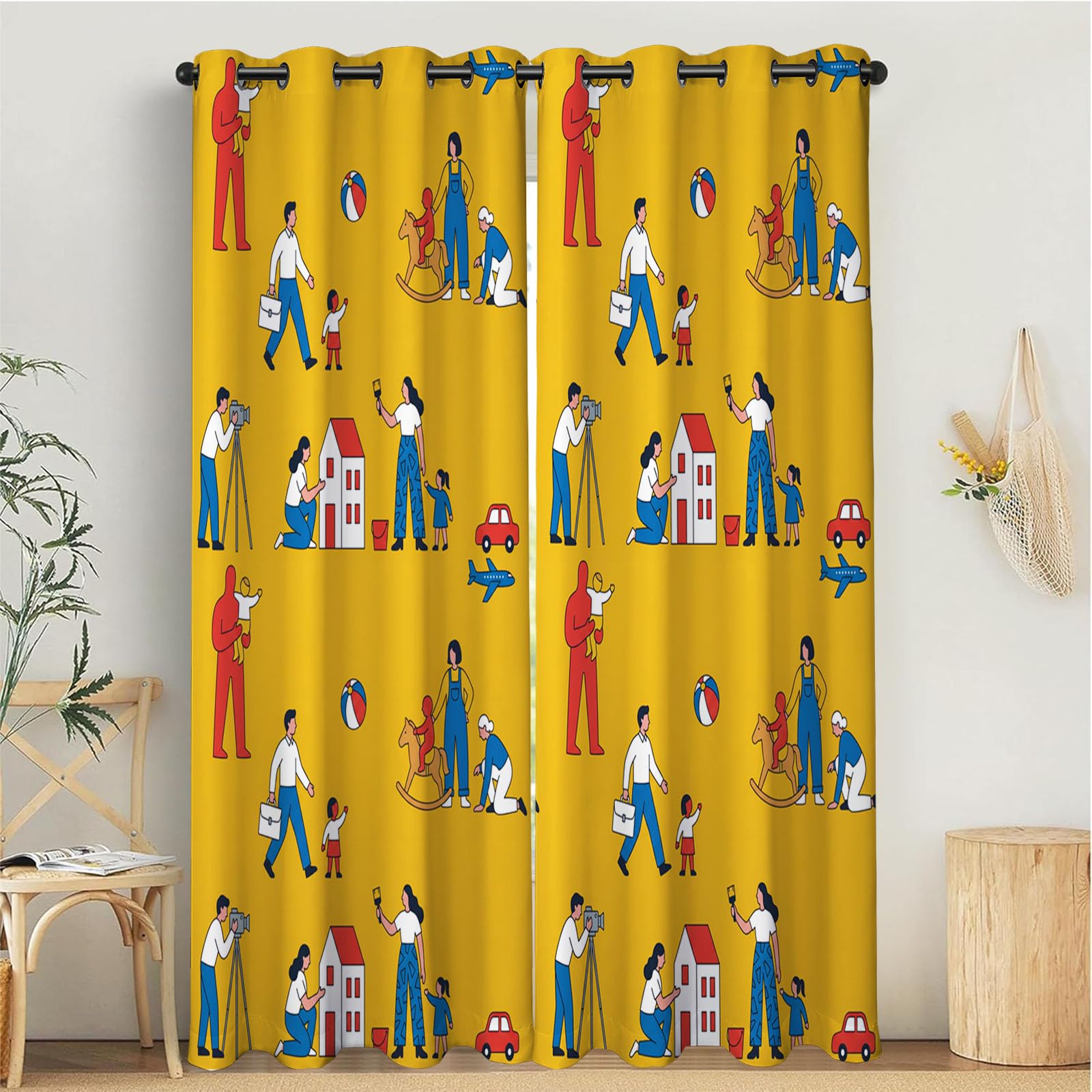 Rideau Occultant Vie Famille Dessin Animé Thermiques Anti Froid, 140x175cm Rideaux Fenêtre Opaque Jeux Parents-Enfants à Oeillets Anti UV Intérieurs Decoration Dressing Salon Chambre Maison, Jaune