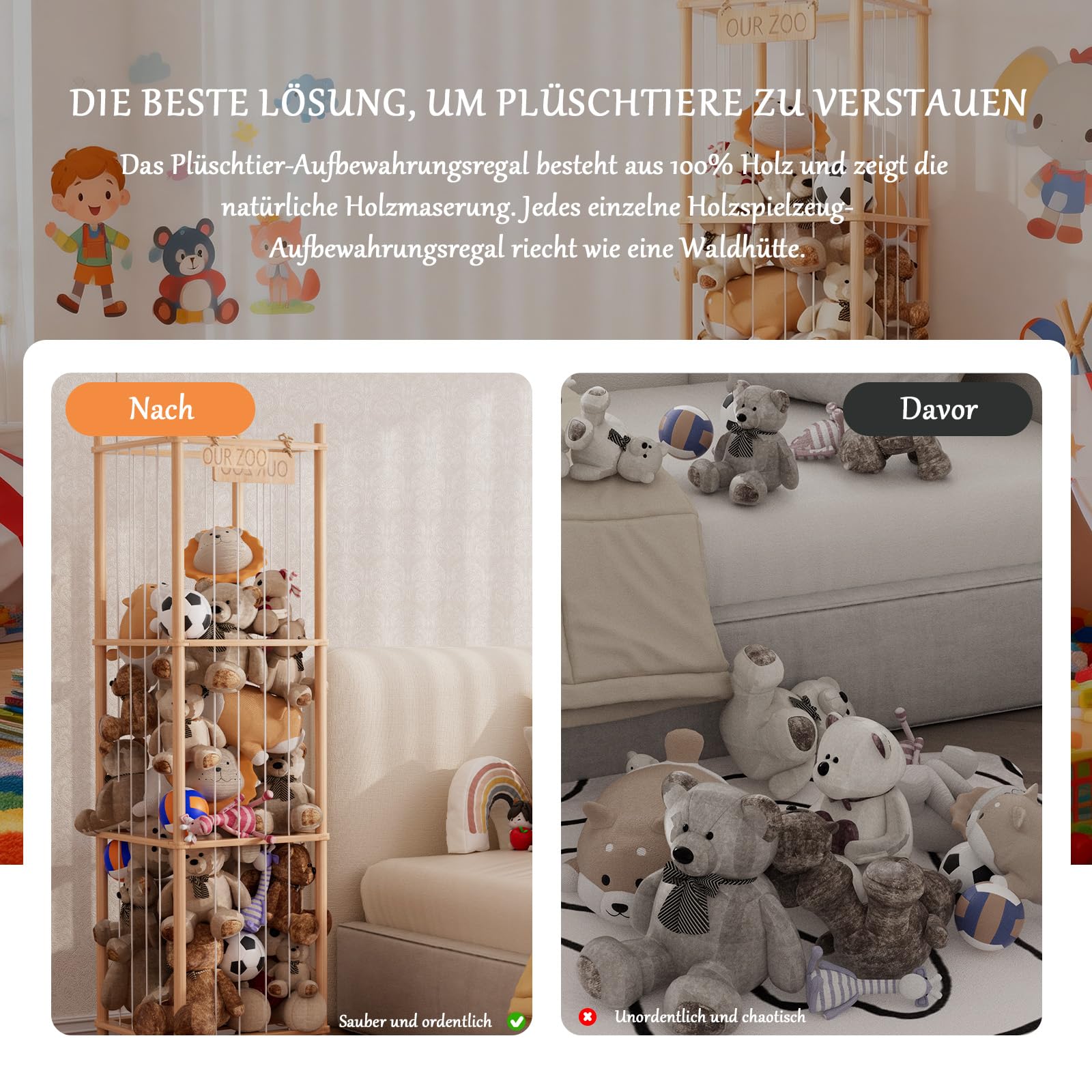 Estantería de almacenamiento para animales de peluche, gran estantería de madera para guardar juguetes de peluche, para ahorrar espacio en la habitación de los niños, sala de juegos y