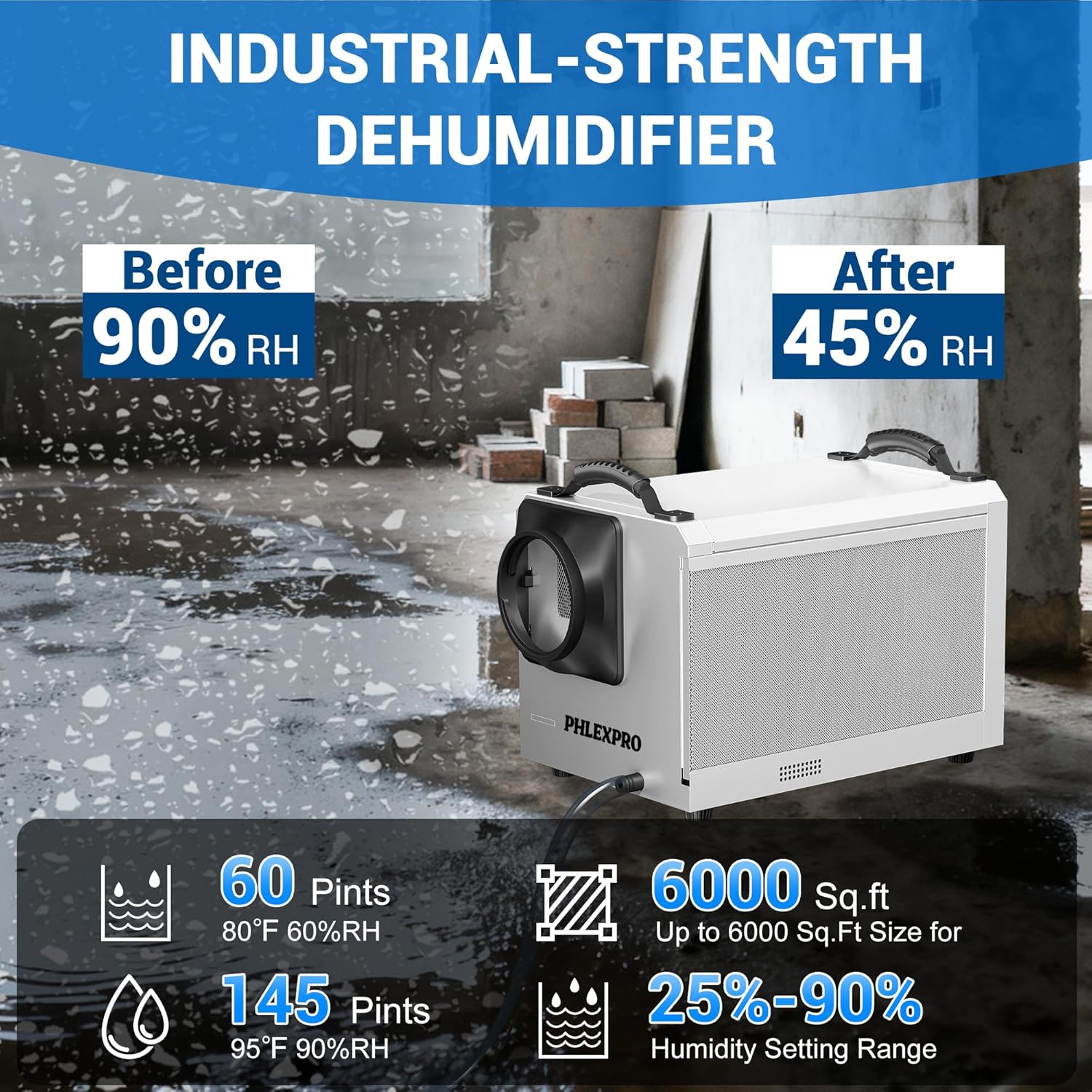 145 Pint Commercial Dehumidifier with Drain Hose for Crawl Spaces, Basements, Industry Water Damage Unit Restoration for up to 6000 Sq.Ft, Auto Defrost, Memory Starting, white(Gift Directional Wheels)