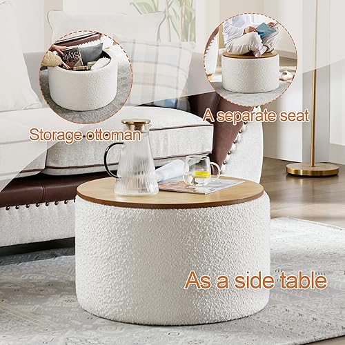 Miniatura 3 de Zibeths Otomana de almacenamiento, otomana con almacenamiento para sala de estar, reposapiés Farbic Beige Boucle, mesa auxiliar con tapa de madera,