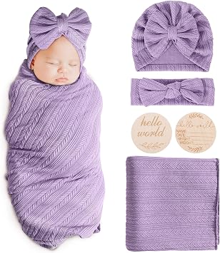 AQOKKA Newborn Receiving Blanket Wheat Ear Bow Hat Hairband Set
