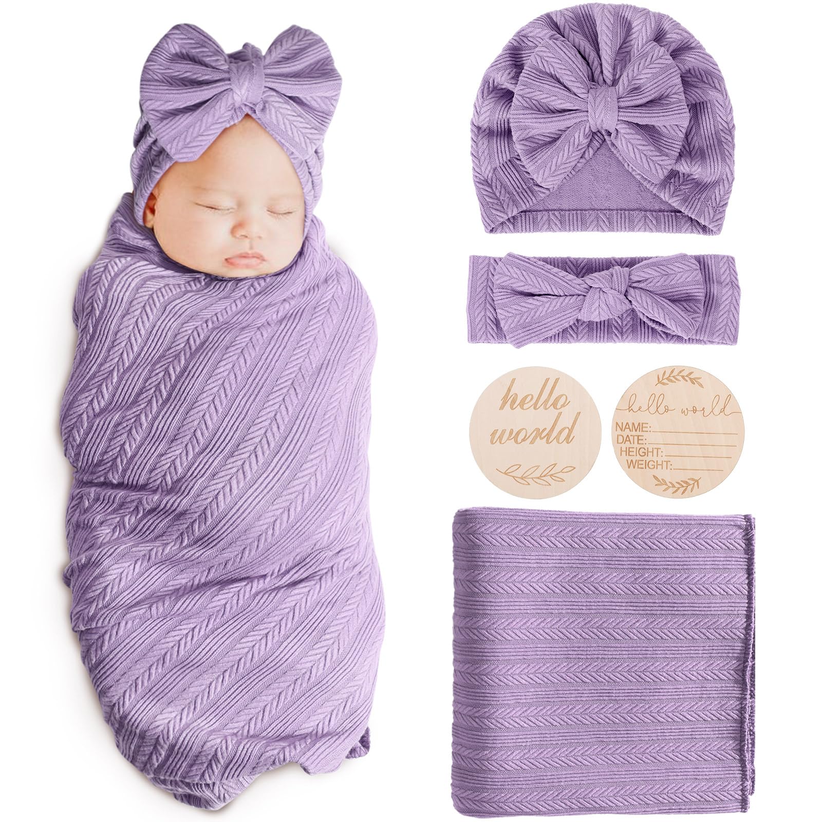 AQOKKA Newborn Receiving Blanket with Bow Hat Headband Wooden Card Set Wheat-Pattern Newborns Toddler Baby Boy Girl Nursery Swaddle Wrap