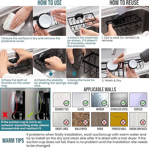 Miniatura 7 de TAILI Soporte de esponja con ventosa fuerte, organizador de fregadero 4 en 1 a prueba de óxido, organizador de fregadero con capacidad para Negro