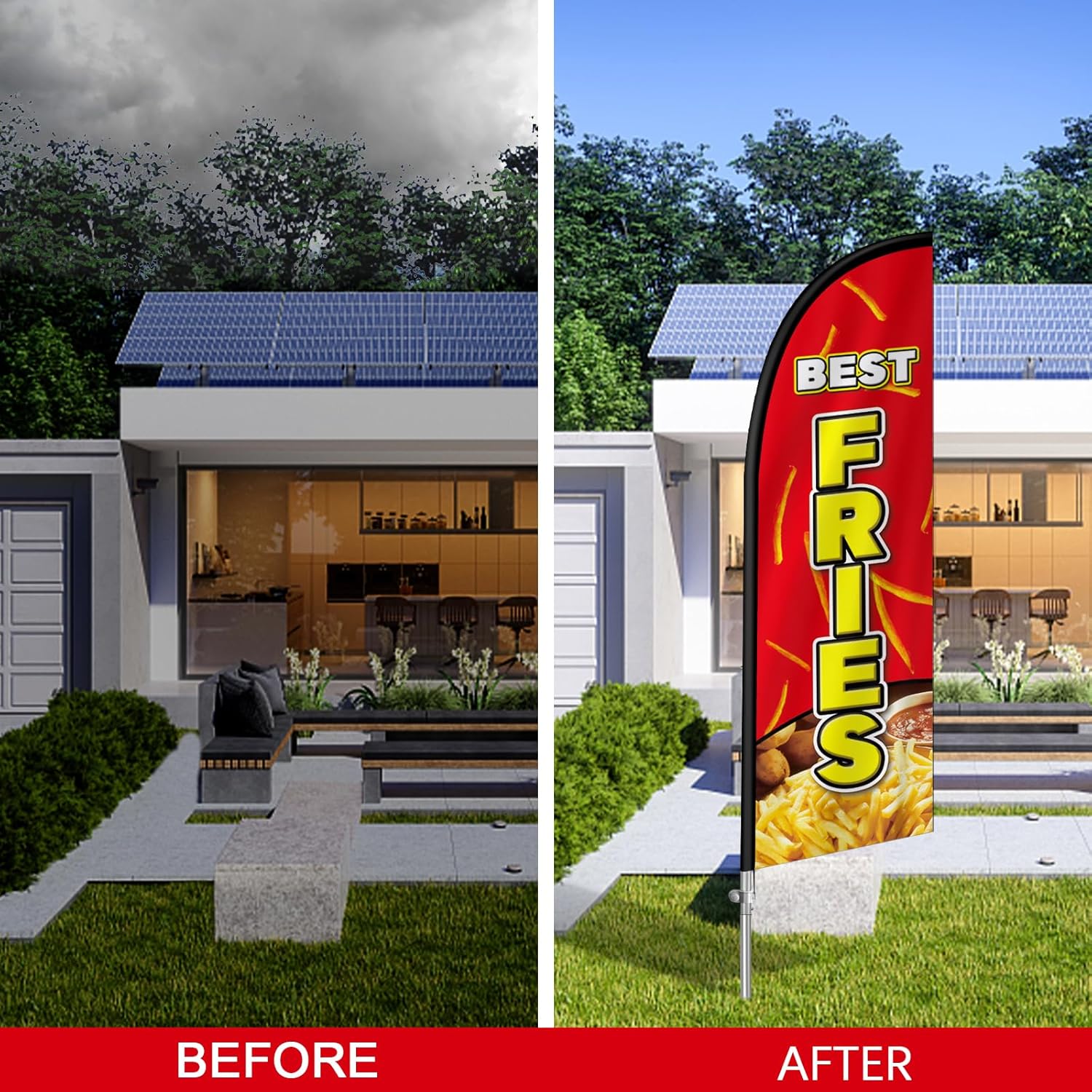 Fries Feather Flag, 98" x 22" Triangular Flag, Stainless Steel Pole, Ground Stake, Outdoor Events, Businesses, Event Organizers