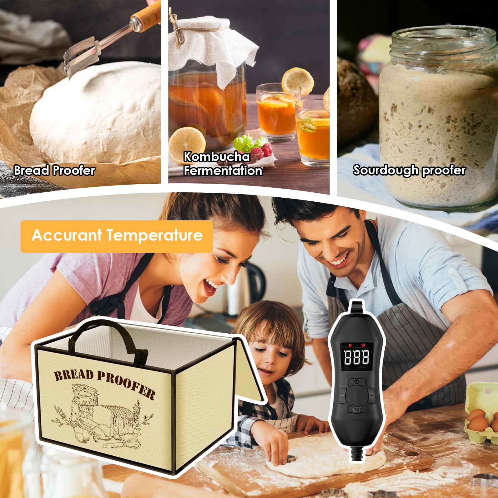 Boîte de fermentation à pain, boîte à pain électrique polyvalente avec capteur de température NTC insérable de 50~113 °F, affichage numérique, minuterie de 0 à 12 heures pour yaourtières au levain