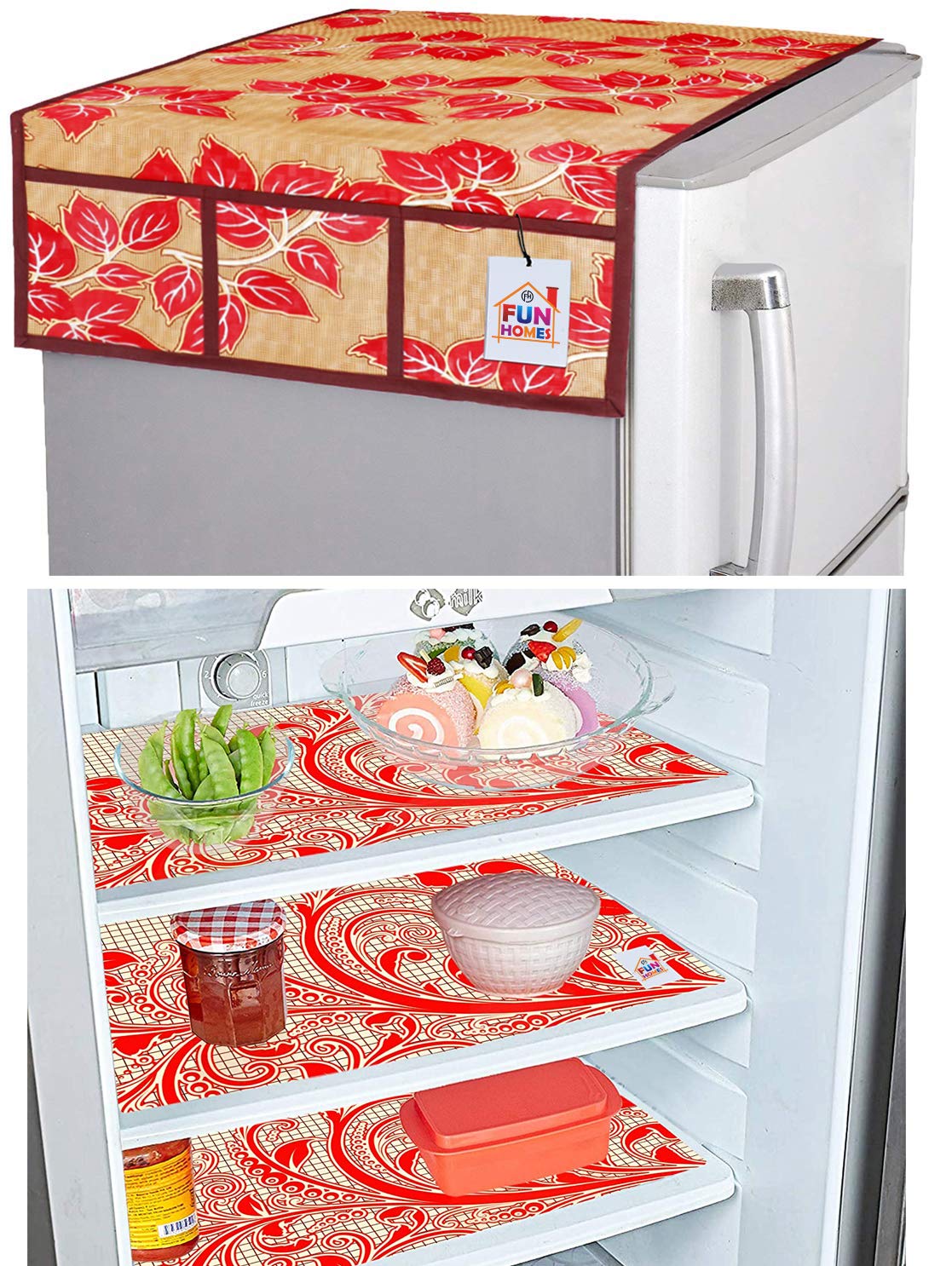 Fun HomesLeaf Design 3 Pieces PVC Fridge Mats And 1 Piece Fridge Top Cover (Gold & Red)