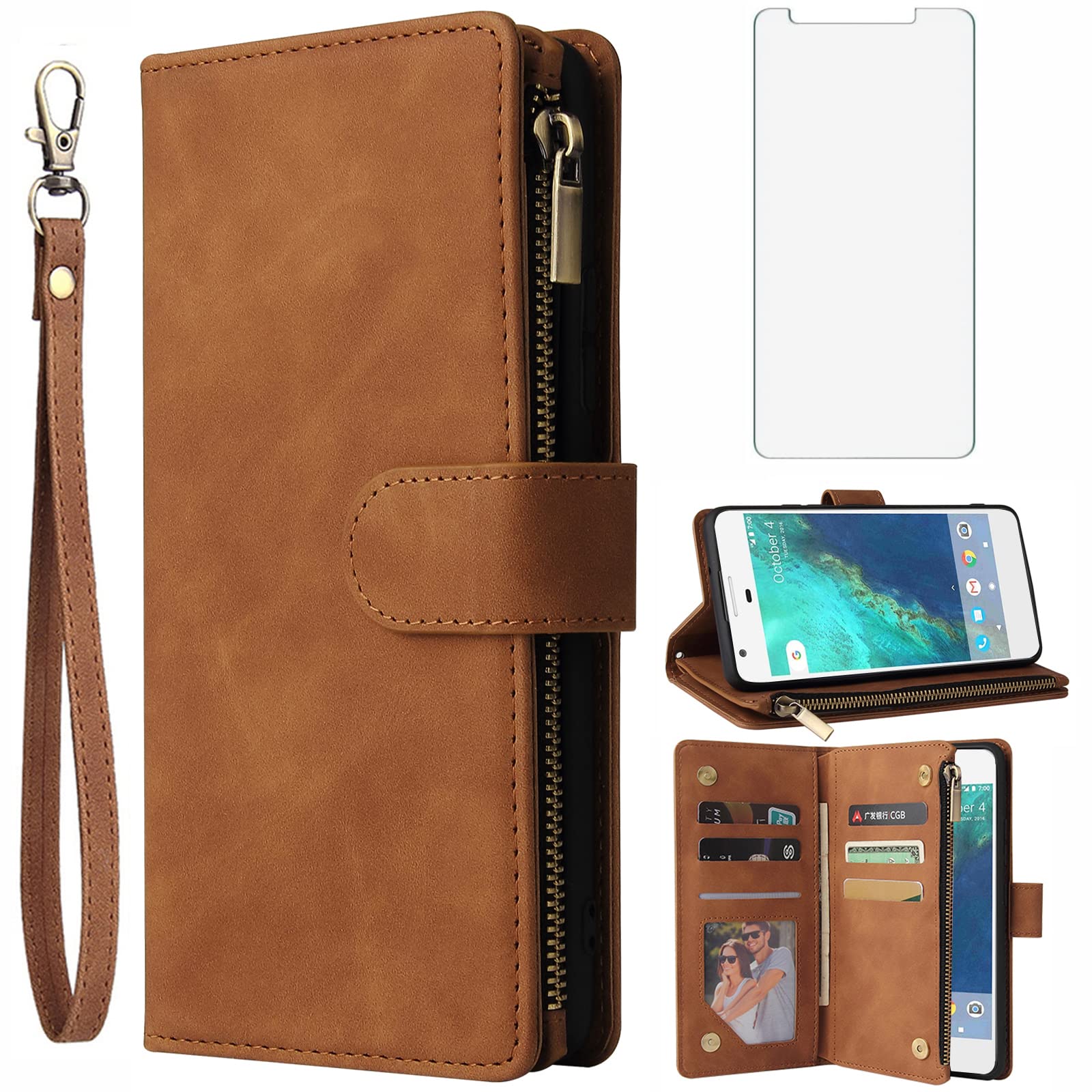 Asuwish Compatible with Google Pixel XL Wallet Case Tempered Glass Screen Protector and Leather Flip Cover Card Holder Cell Accessories Phone Cases